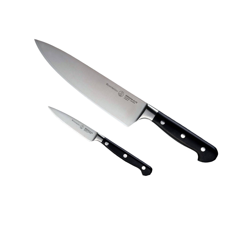 Messermeister Meridian Elite 2 Piece Chef and Parer Set - 8 inch Chef's Knife and 3.5 inch Paring Knife shown at an angle side by side both with triple rivet black handles l