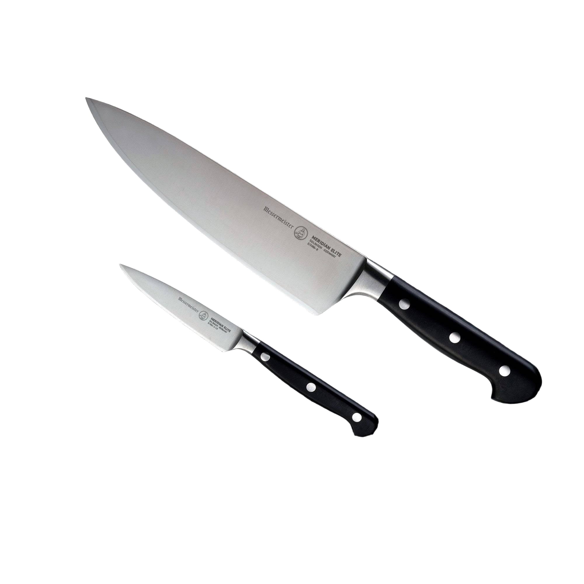 Messermeister Meridian Elite 2 Piece Chef and Parer Set - 8 inch Chef's Knife and 3.5 inch Paring Knife shown at an angle side by side both with triple rivet black handles l