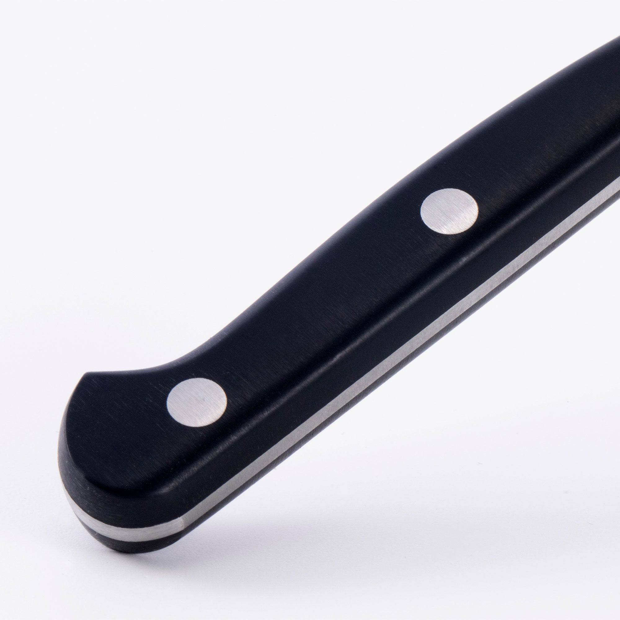 Messermeister Meridian Elite 3.5 inch Paring Knife closeup view of triple rivet black handle