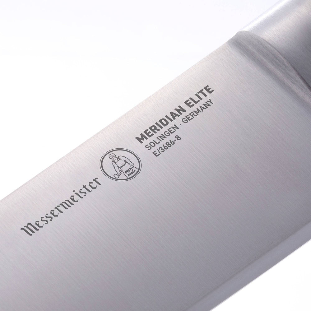 Messermeister Meridian Elite 8 inch Chef's Knife close up view of logo