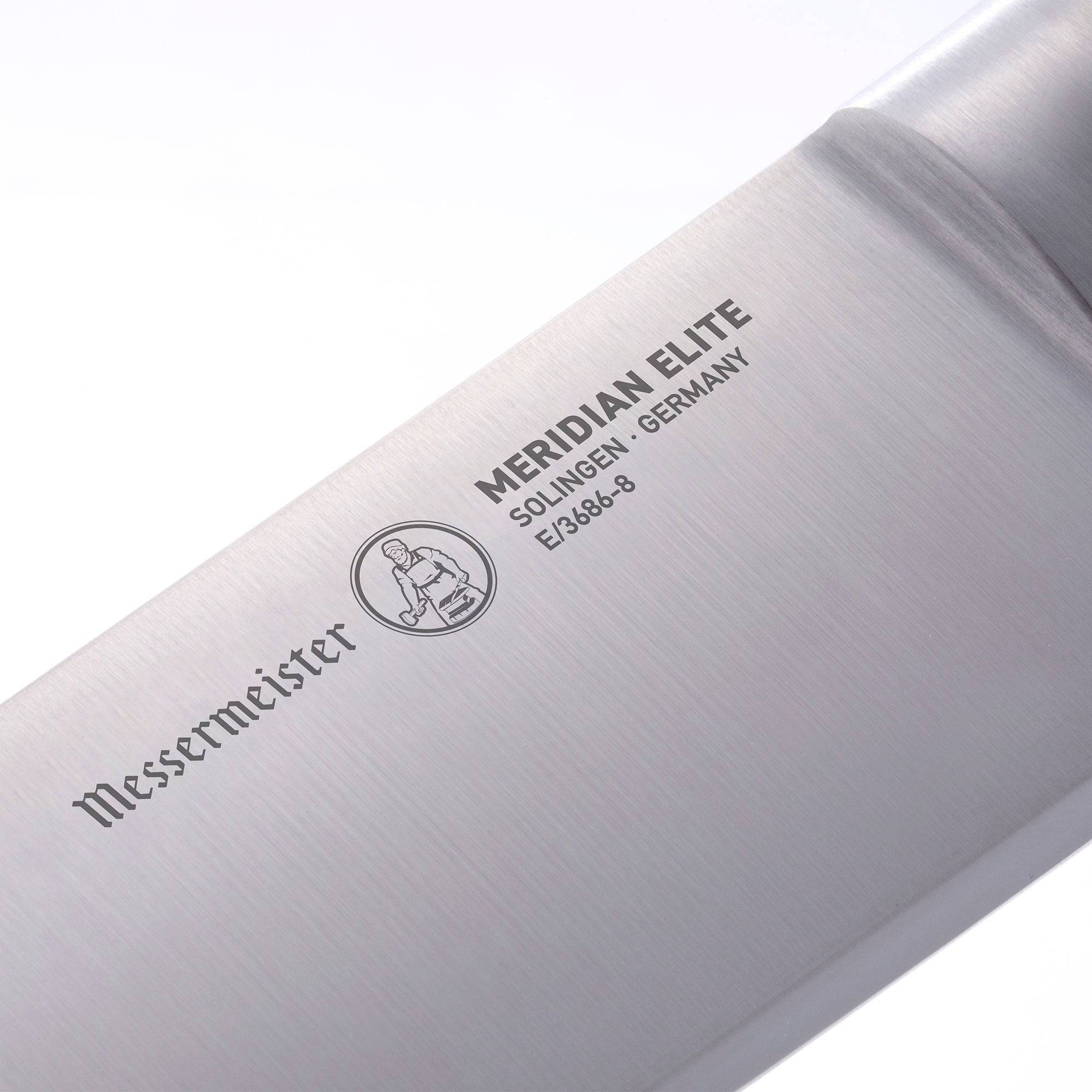 Messermeister Meridian Elite 8 inch Chef's Knife close up view of logo
