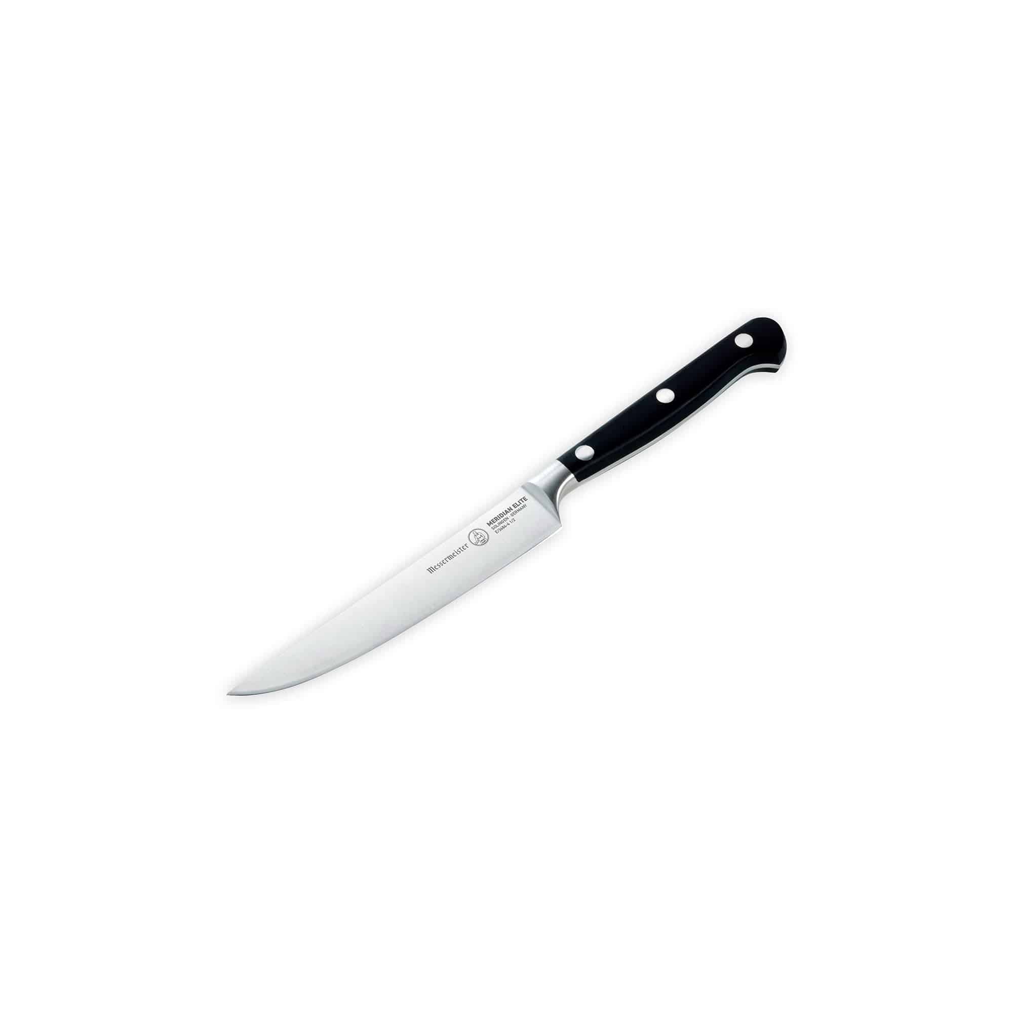 One of four Meridian Elite fine edge steak knives with triple rivet black handles and stainless steel blades angled view pointing to lower left