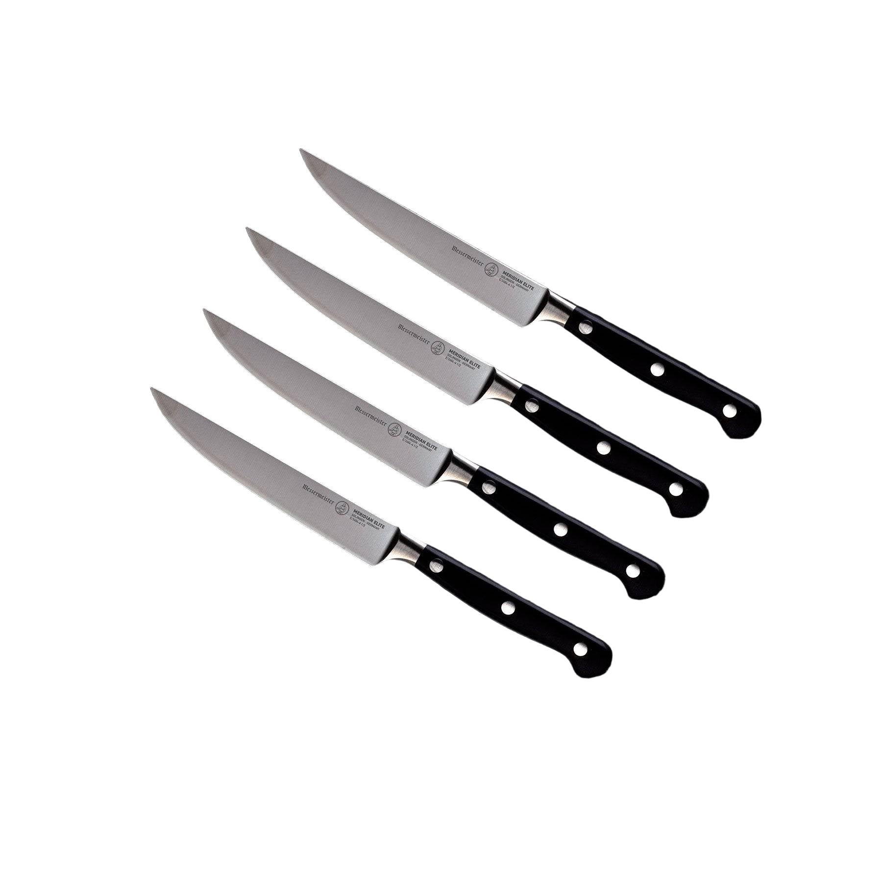 A set of four Meridian Elite fine edge steak knives with triple rivet black handles and stainless steel blades angled view pointing to upper left