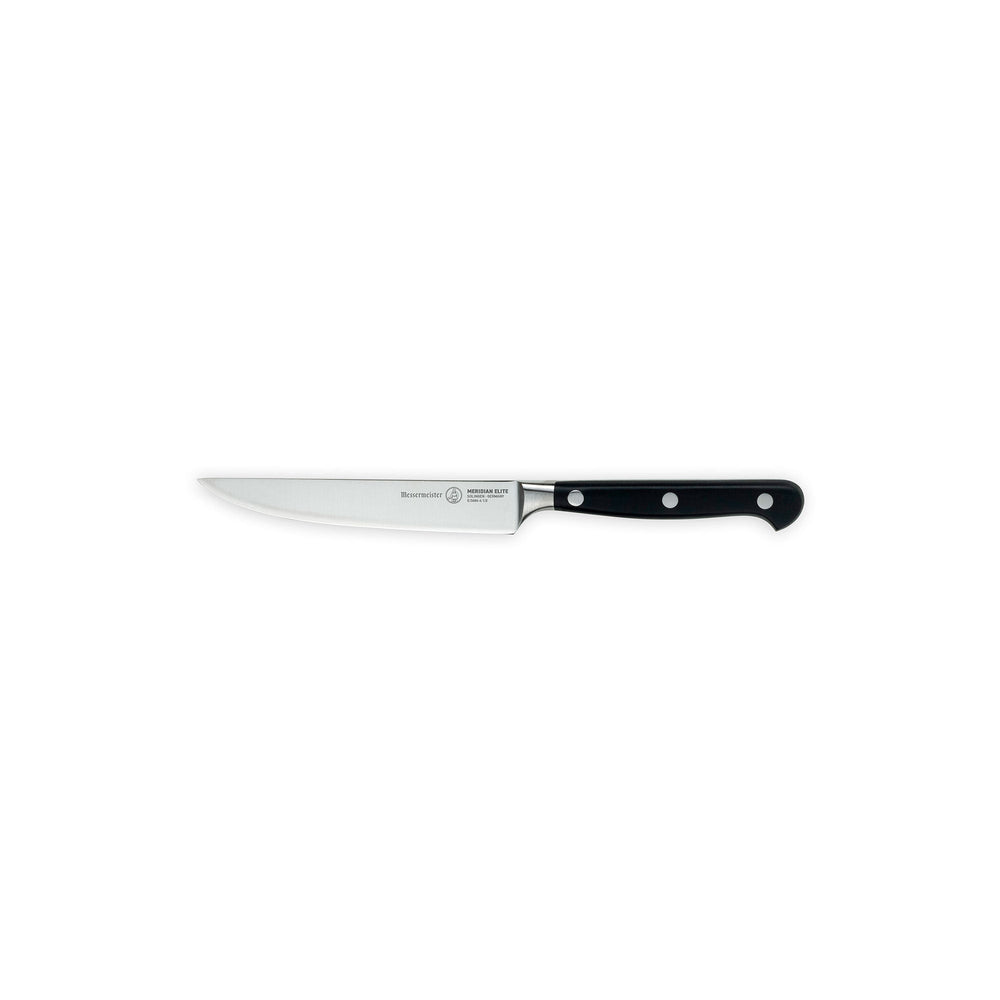 One of four Meridian Elite fine edge steak knives with triple rivet black handles and stainless steel blades side view pointing left