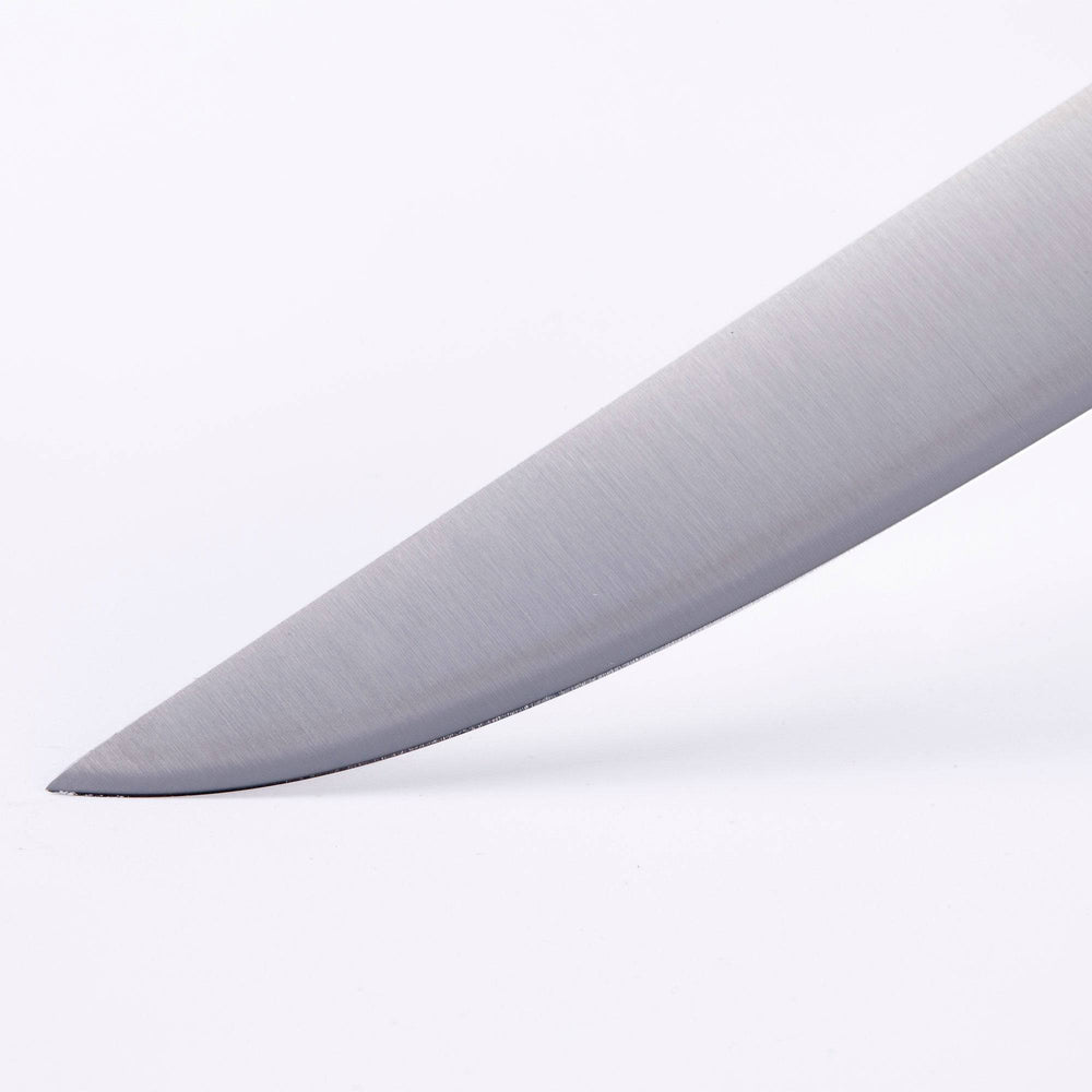 A close up view of the tip of the Meridian Elite fine edge steak knife 