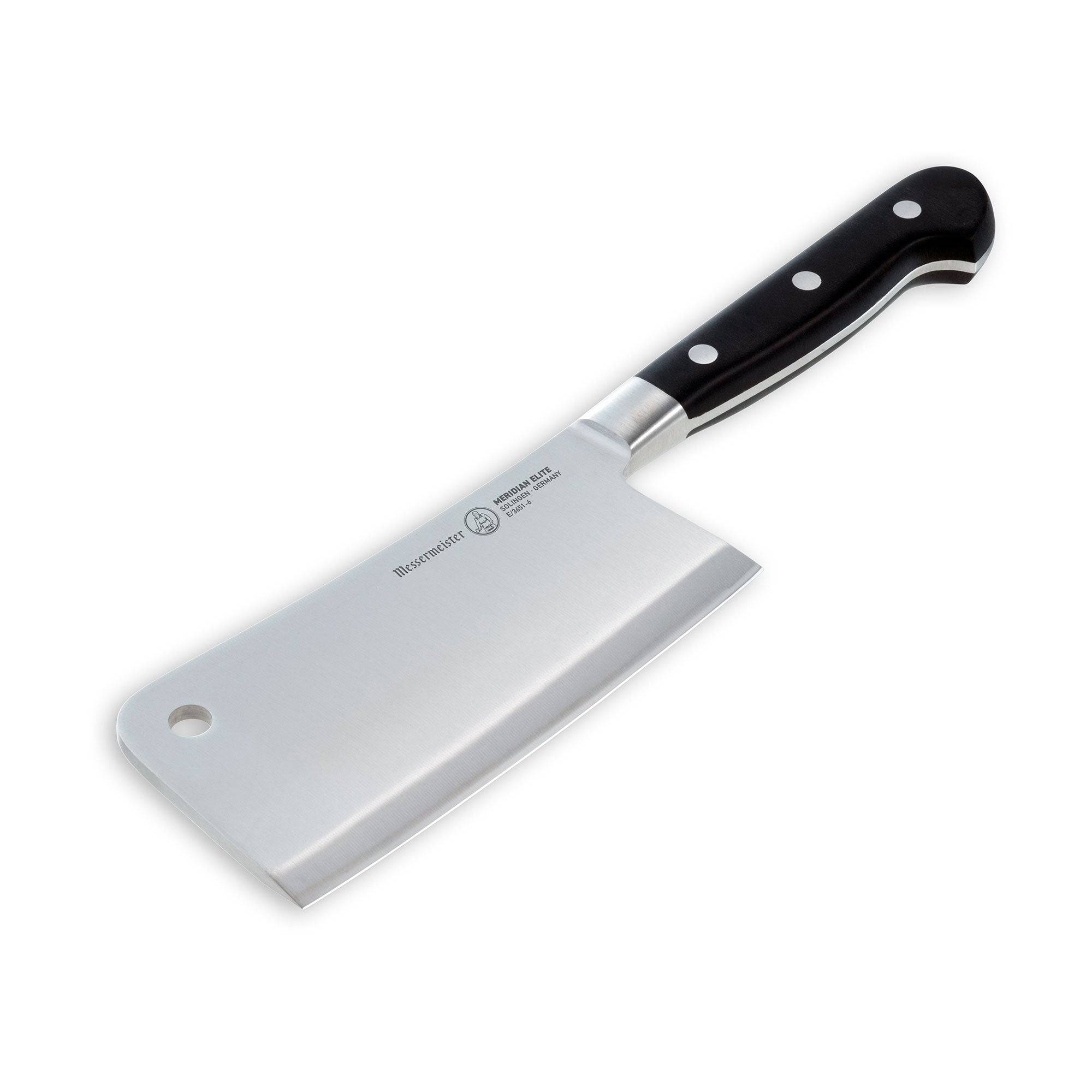 The Meridian Elite 6 inch heavy cleaver with triple rivet black handle and a silver stainless steel blade angled view to lower left