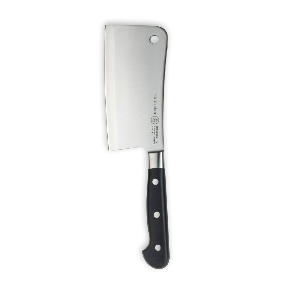 The Meridian Elite 6 inch heavy cleaver with triple rivet black handle and a silver stainless steel blade vertical view 