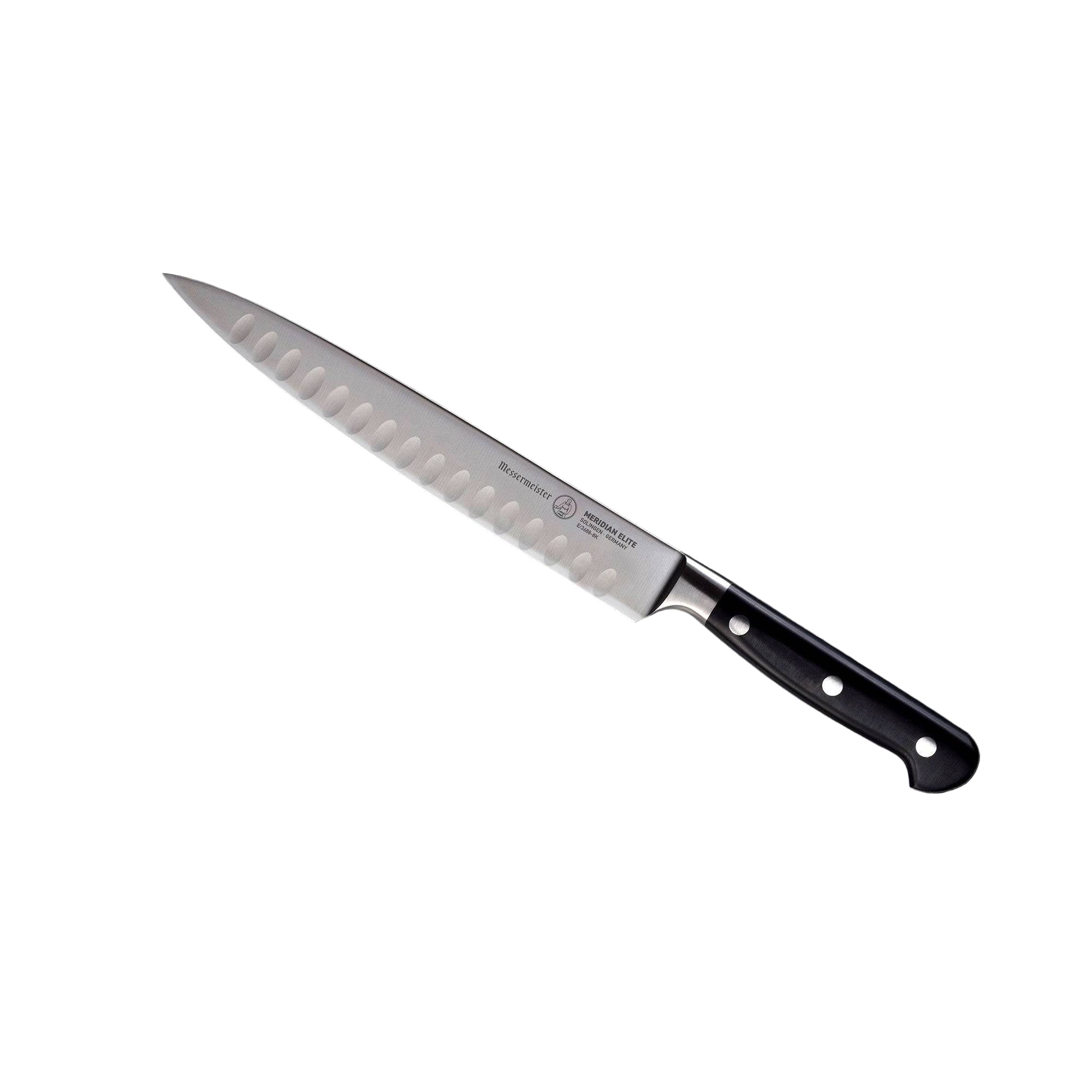 A 8 inch Meridian Elite Kullens carving knife with a narrow spearpoint, fine edge stainless steel blade and triple rivet black handle full view pointing to upper left
