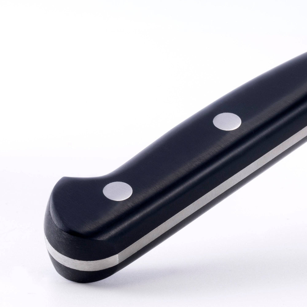A close up of the 8 inch Meridian Elite Kullens carving knife showing the black handle