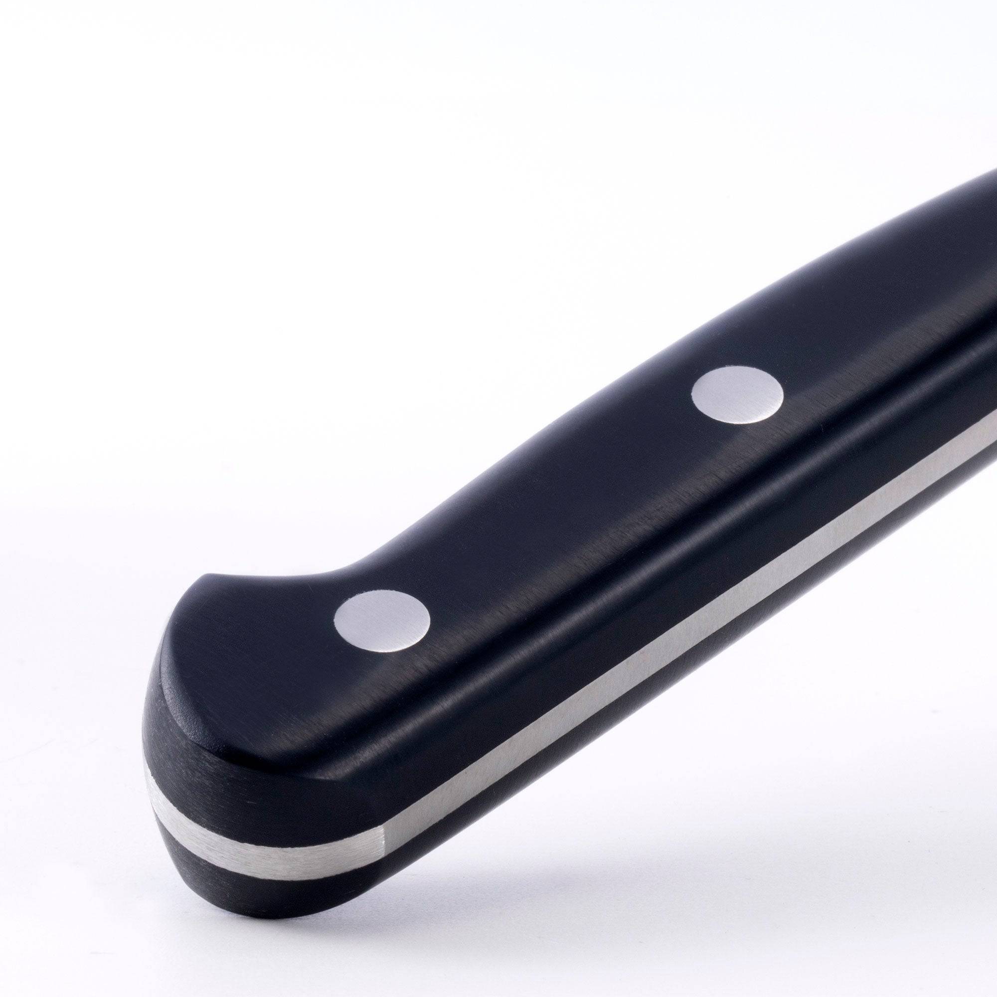 A close up of the 8 inch Meridian Elite Kullens carving knife showing the black handle