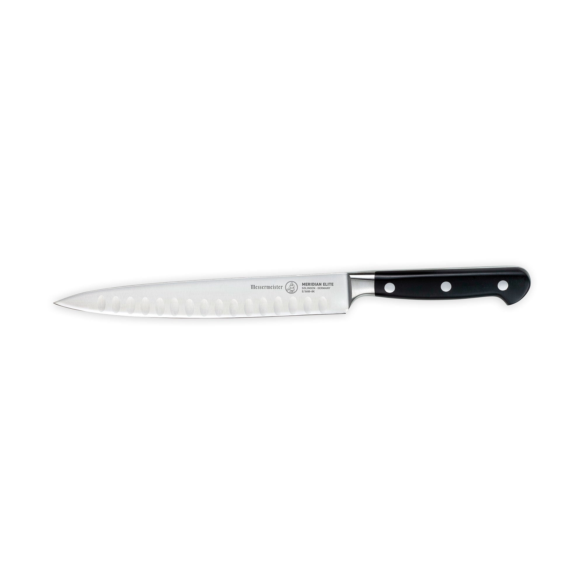 A 8 inch Meridian Elite Kullens carving knife with a narrow spearpoint, fine edge stainless steel blade and triple rivet black handle side view pointing left