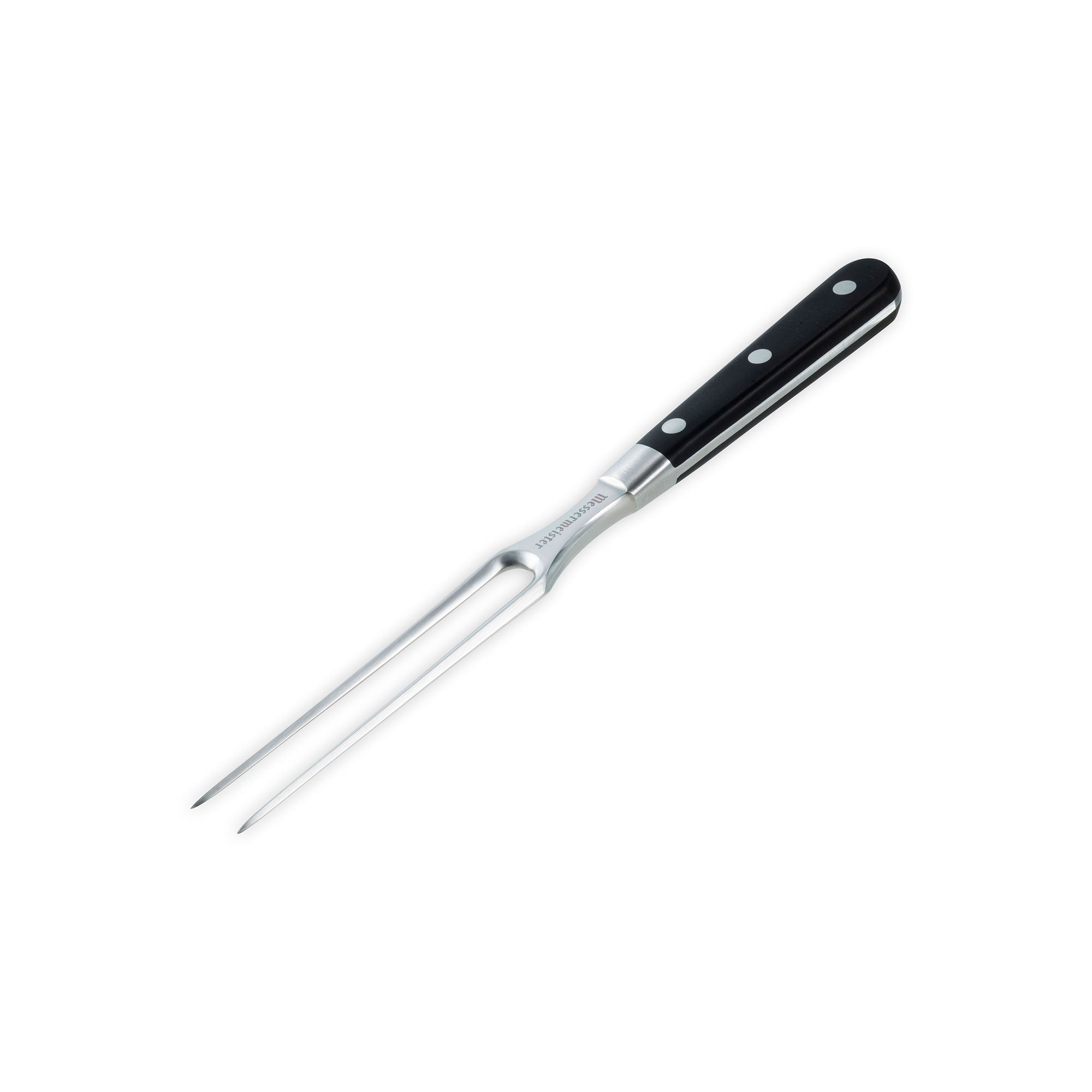 Messermeister Meridian Elite 6 inch carving fork angled view with prongs pointing towards bottom left