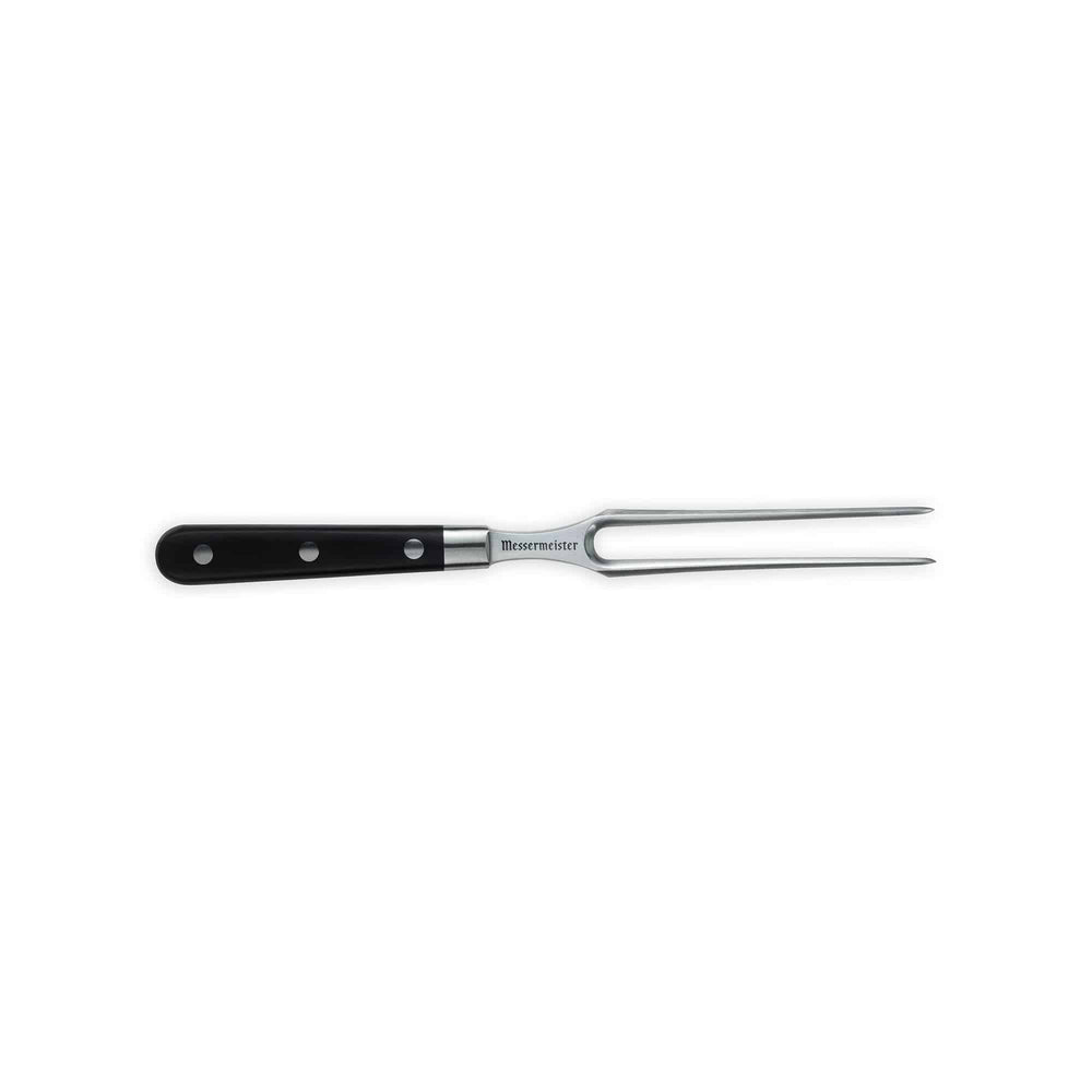 Messermeister Meridian Elite 6 inch carving fork full view showing logo, 2 prongs, and triple rivet black handle