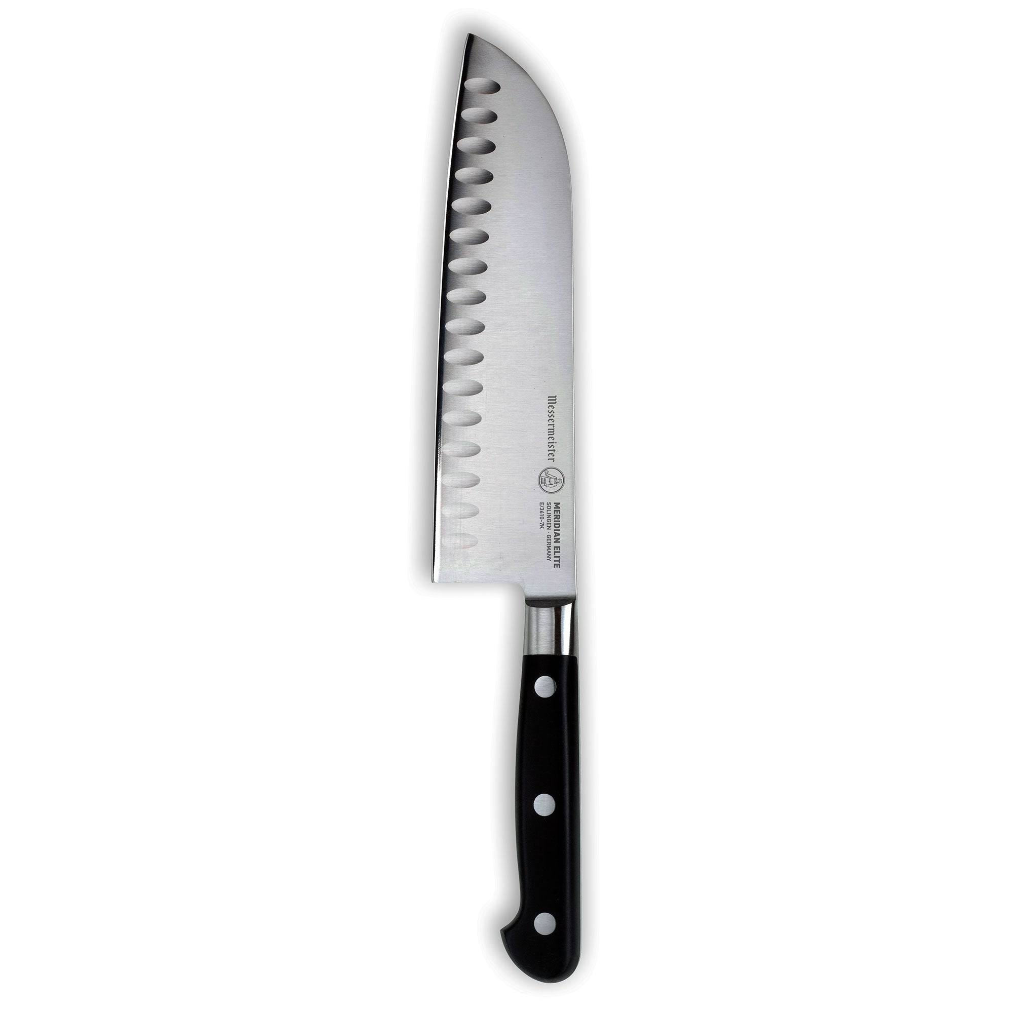 A 7 inch Meridian Elite Kullens Santoku Knife with a Japanese chef's design, featuring a silver blade with kullens on the side and a triple rivet black handle.