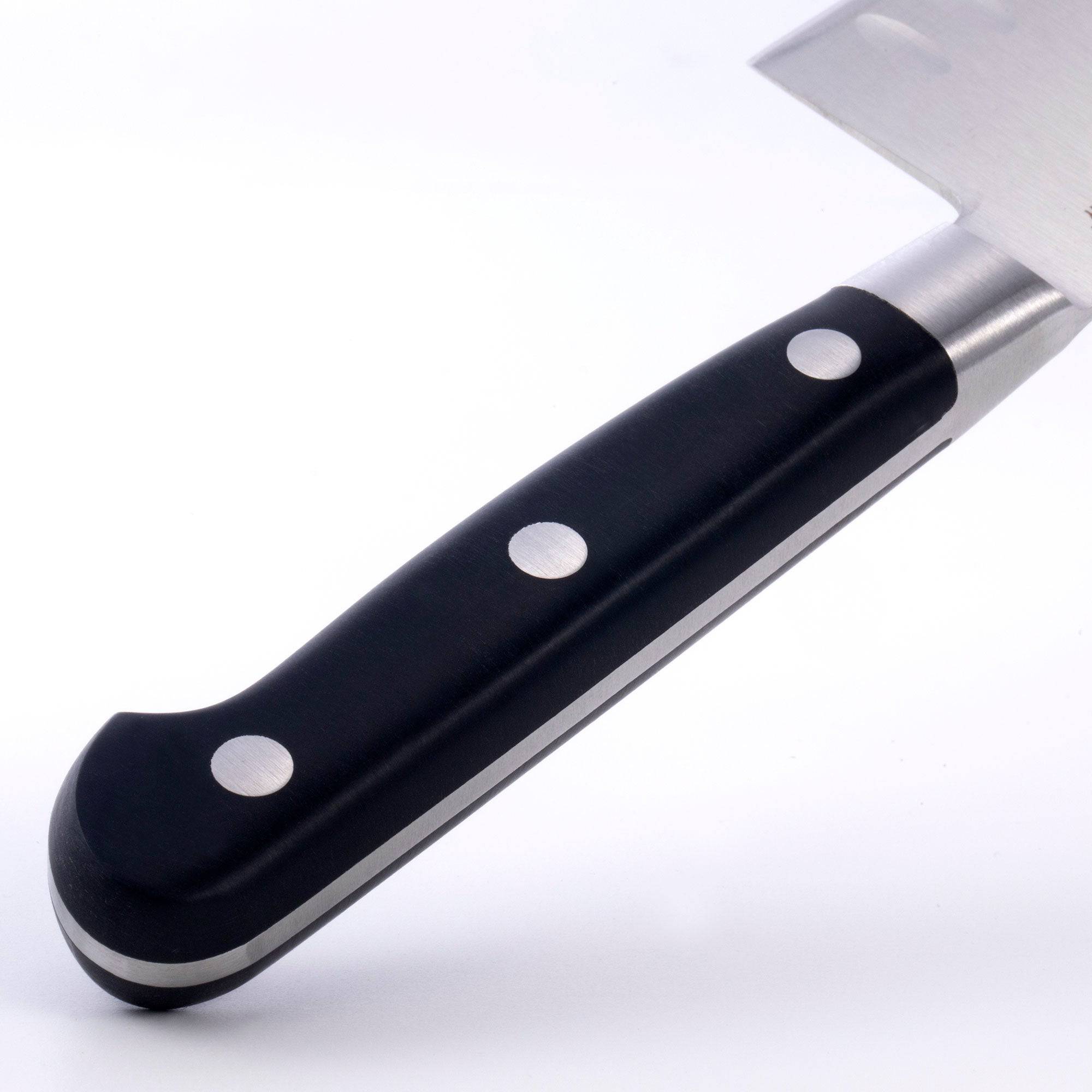 Close up of the triple rivet black handle of the 7 inch Meridian Elite Kullens Santoku 