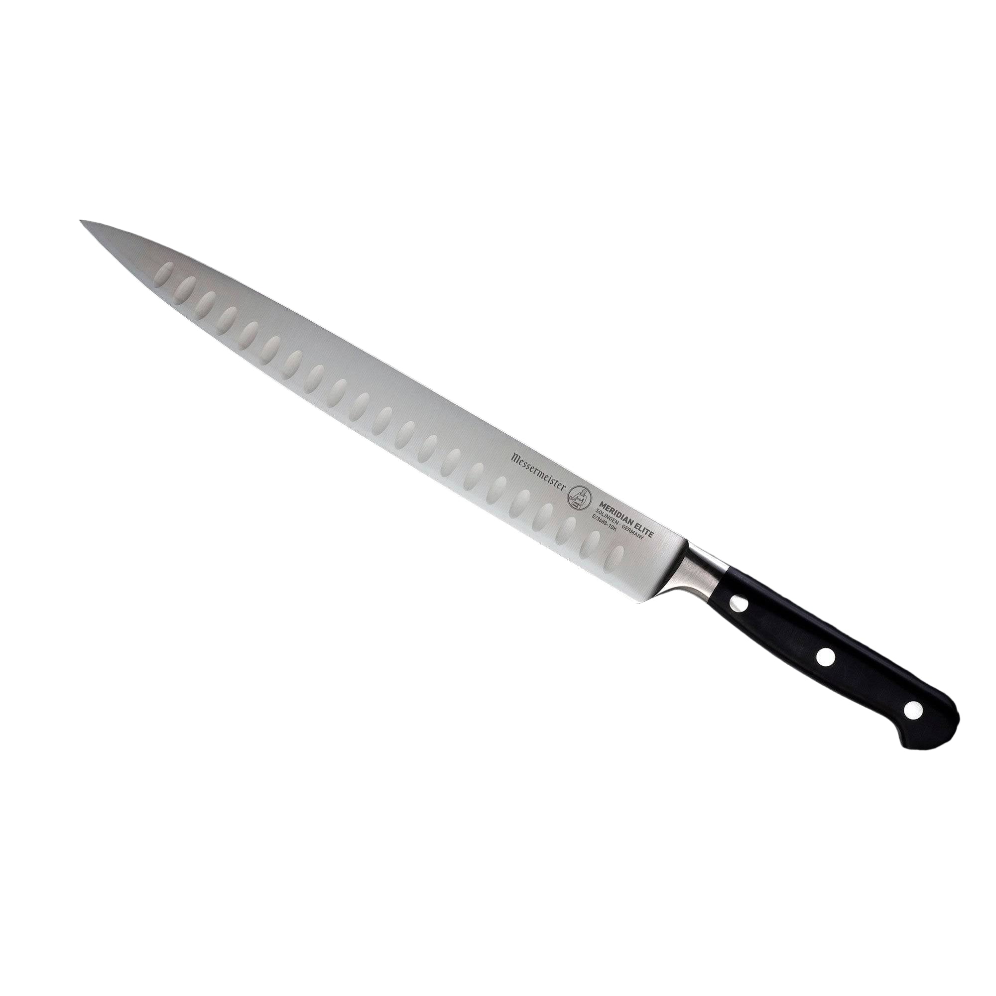 A 10 inch Meridian Elite Kullens carving knife with a narrow spearpoint, fine edge stainless steel blade and triple rivet black handle full view pointing to upper left