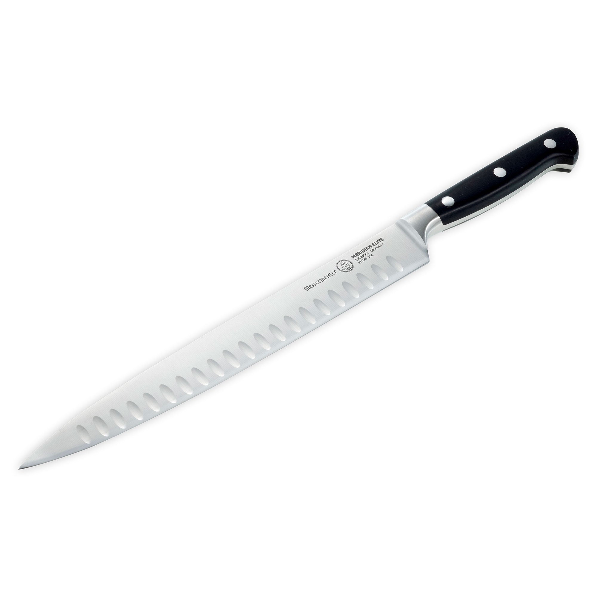 A 10 inch Meridian Elite Kullens carving knife with a narrow spearpoint, fine edge stainless steel blade and triple rivet black handle angled view pointing to lower left