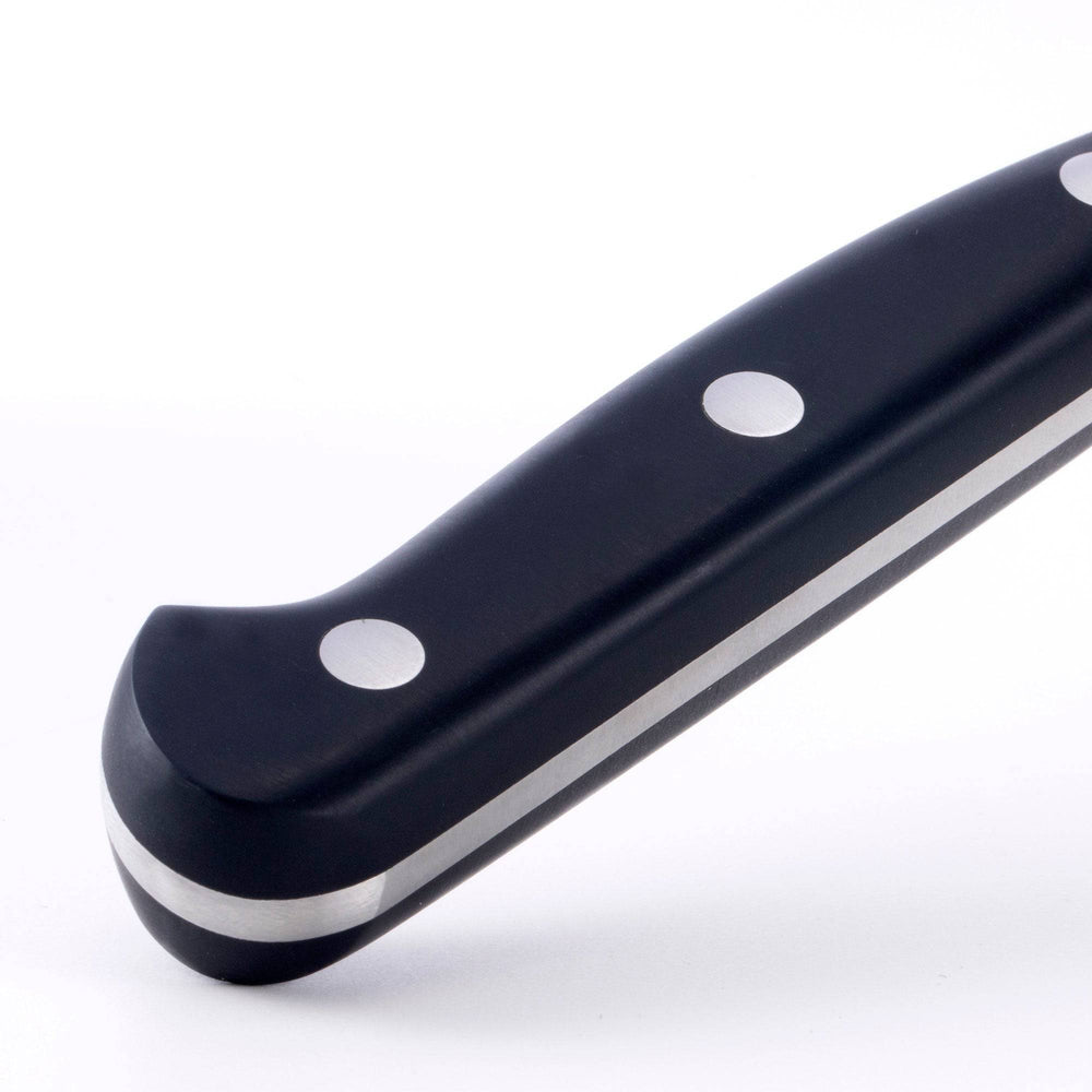 A close up of the 10 inch Meridian Elite Kullens carving knife showing the black handle