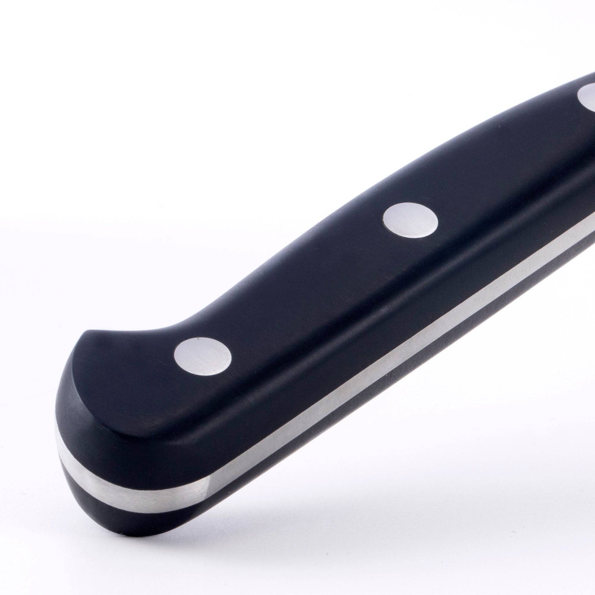 A close up of the 10 inch Meridian Elite Kullens carving knife showing the black handle