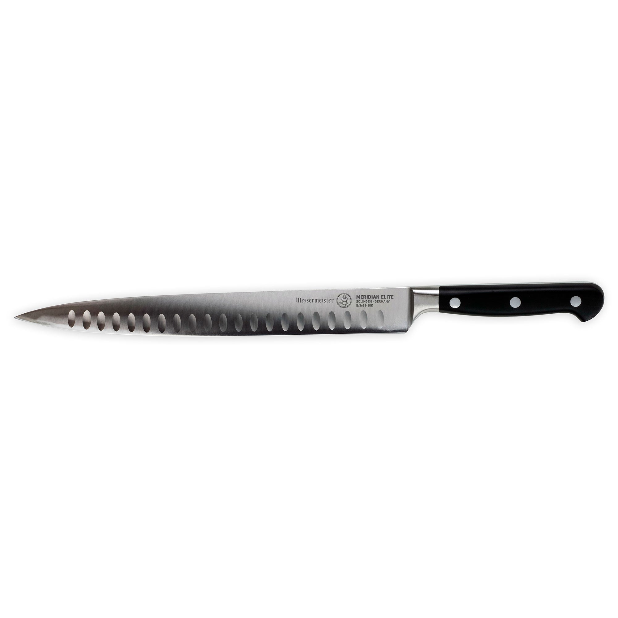 A 10 inch Meridian Elite Kullens carving knife with a narrow spearpoint, fine edge stainless steel blade and triple rivet black handle side view pointing left