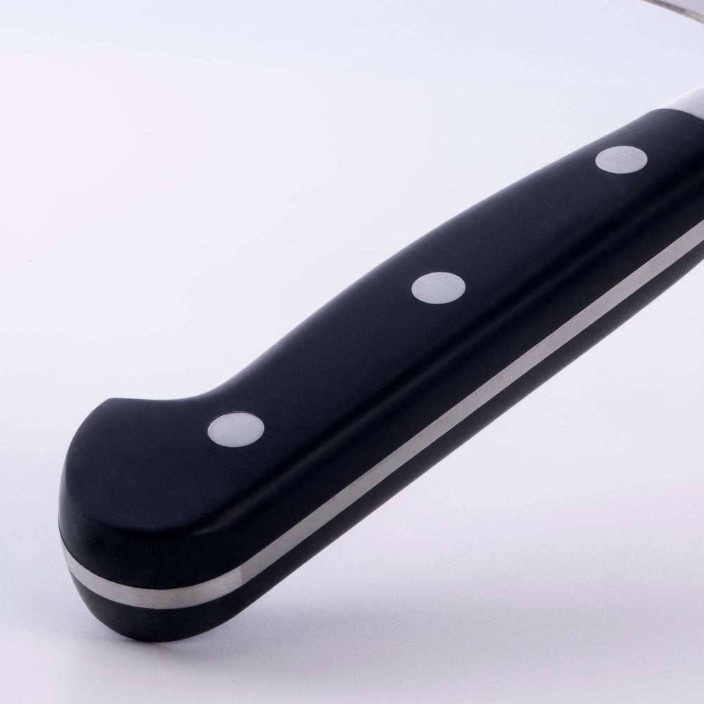 Close up of the triple rivet black handle of the Meridian Elite 7 inch Kullens Vegetable Knife 