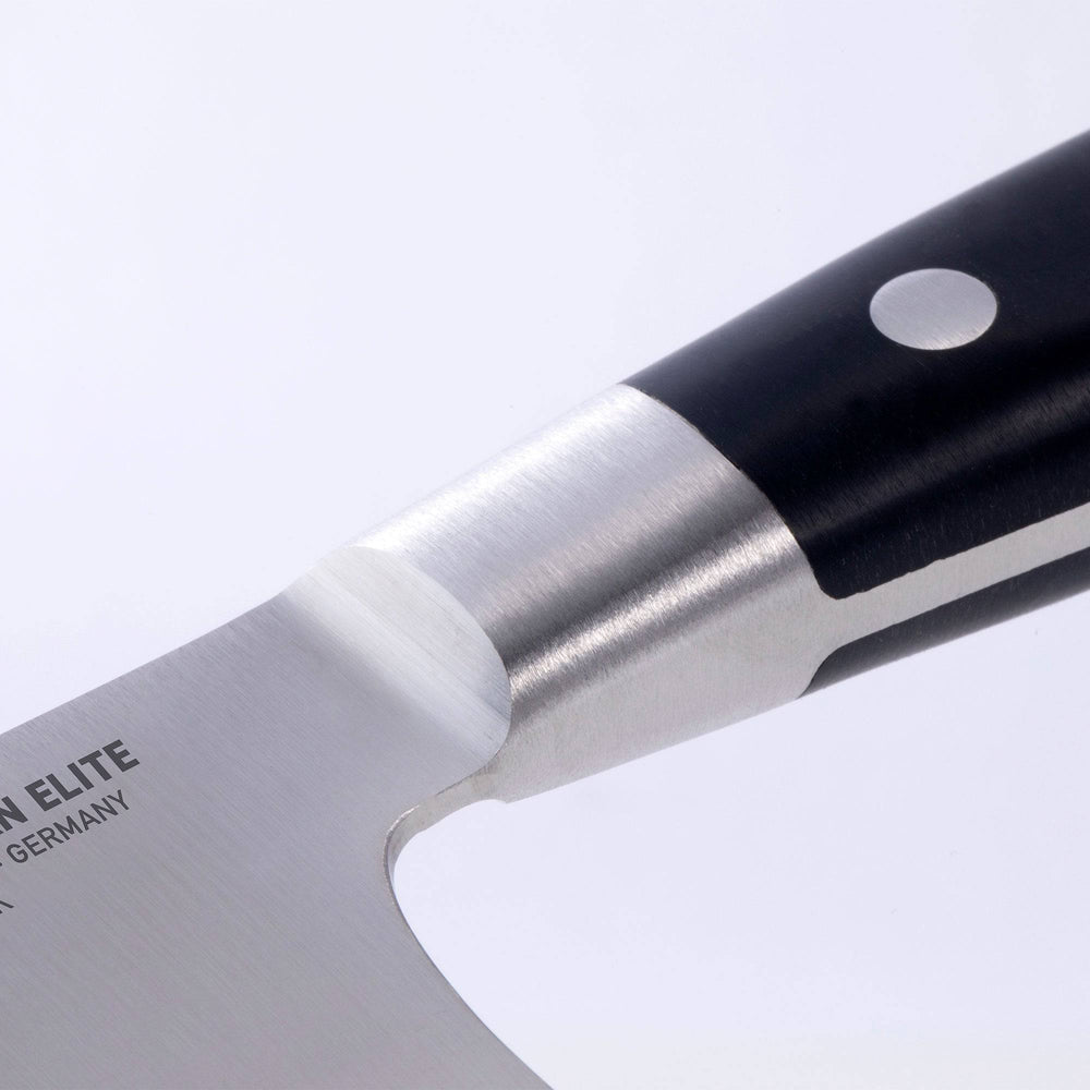 Close up of the bolster and heel of the Meridian Elite 7 inch Kullens Vegetable Knife 