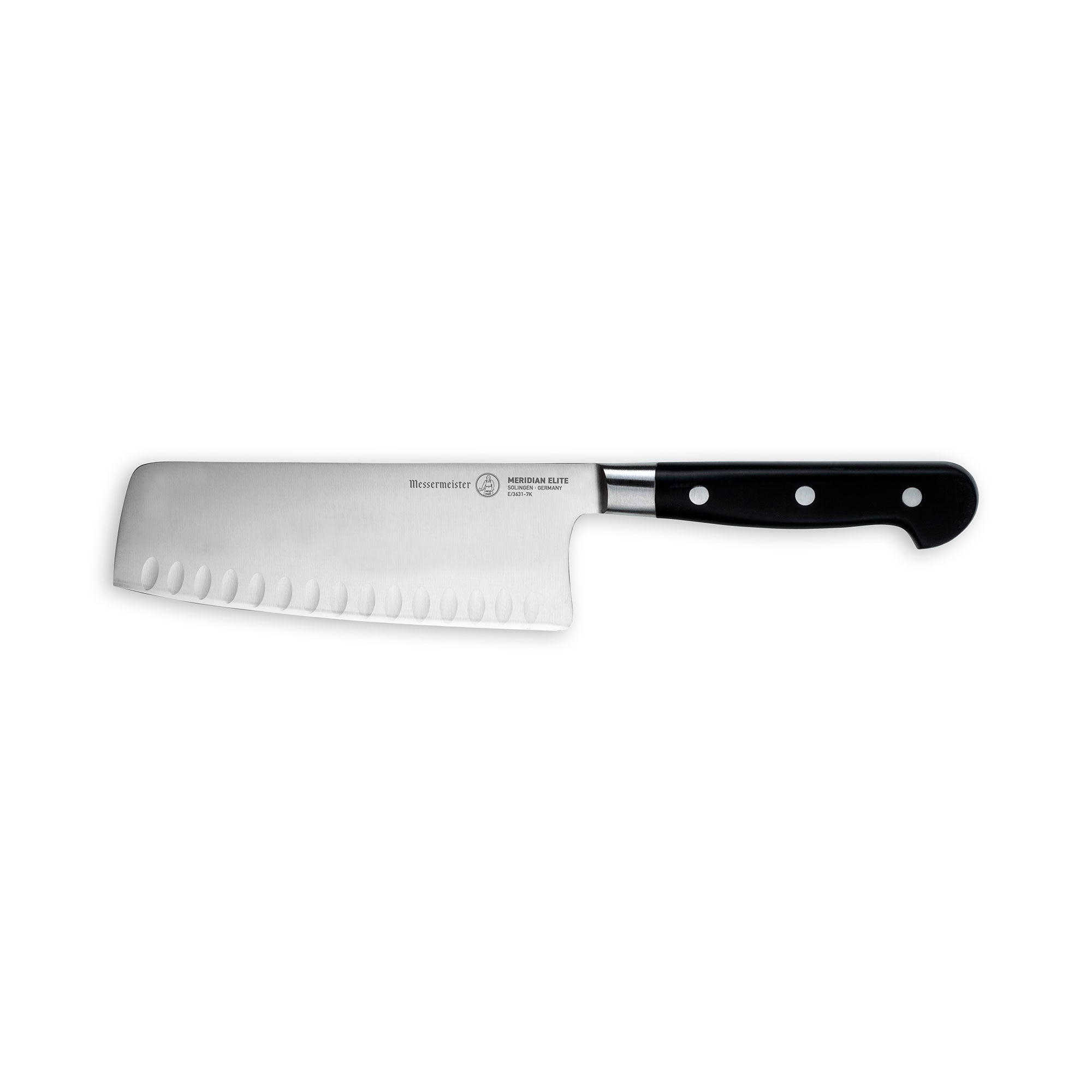 Horizontal view of the Meridian Elite 7 inch Kullens Vegetable Knife featuring a silver blade with kullens on the side and a triple rivet black handle.