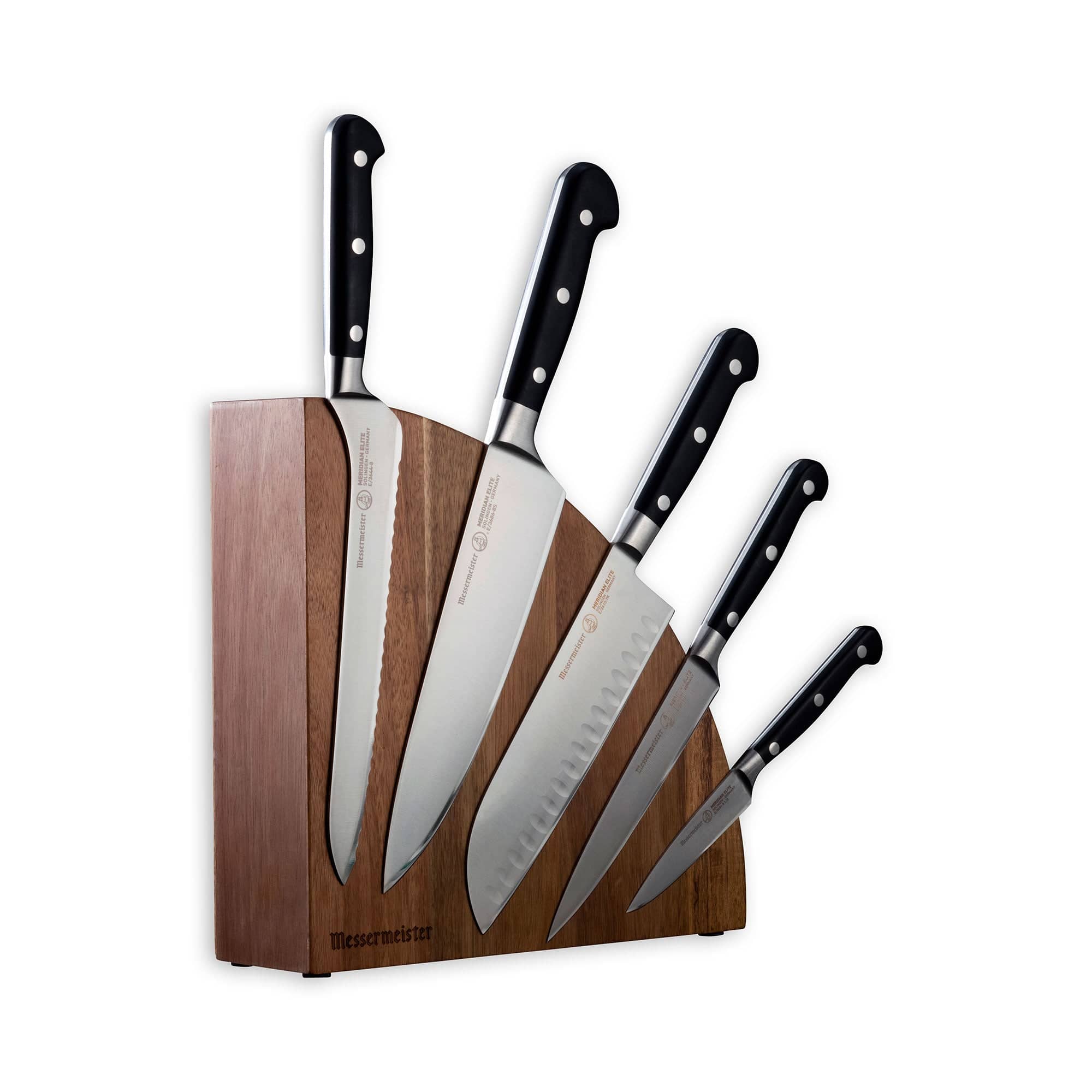 Messermeister Meridian Elite 6 Piece Magnet Block Set - side view with Bread, Chef's, Santoku, and Utility knife showing. Mounted on the quarter circle magnetic block.