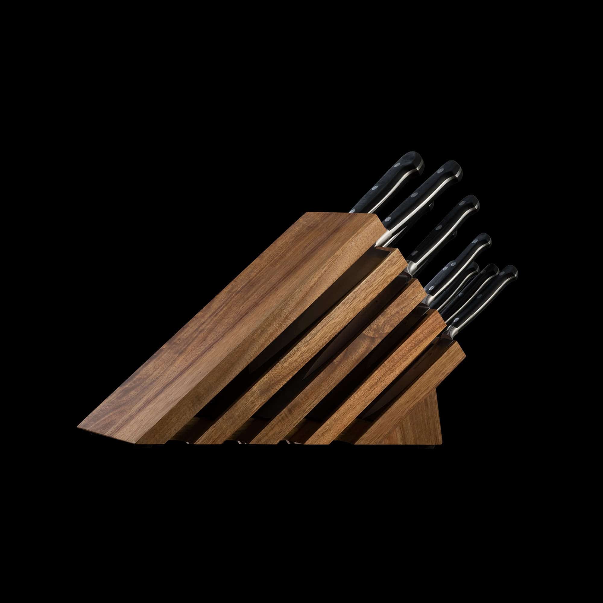 Messermeister Meridian Elite 11 Piece Next Level Block Set angled to show front of Next Level Block with knife handles extending out