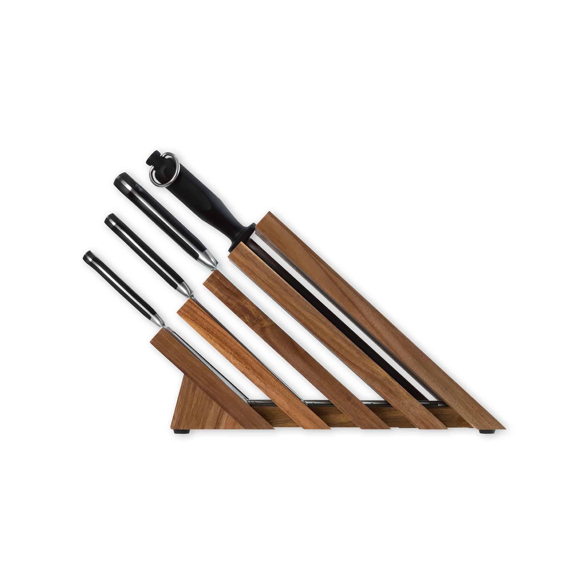 Messermeister Meridian Elite Next Level Block Set - 5 Piece set side view of wooden block with extended knife handles 