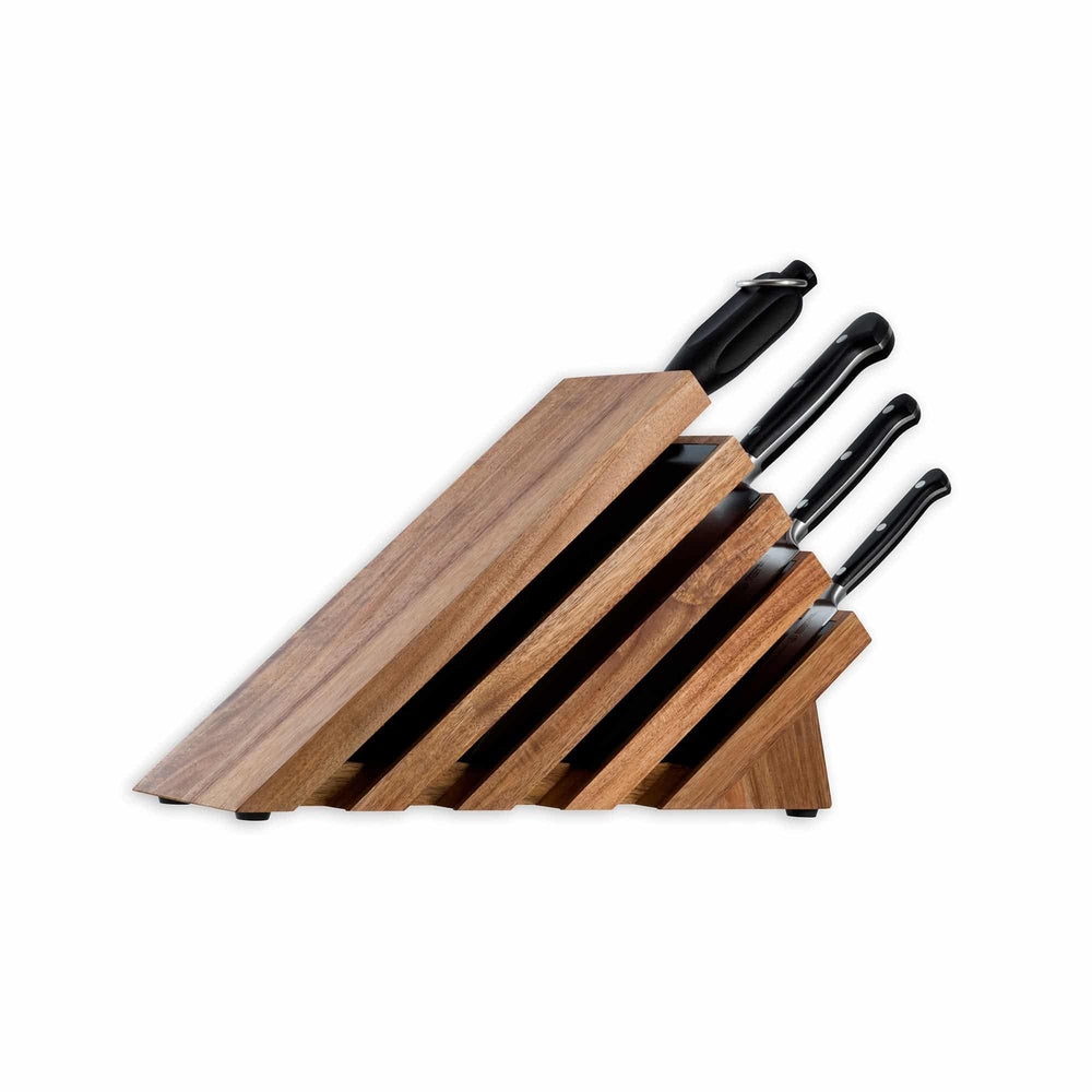 Messermeister Meridian Elite Next Level Block Set - 5 Piece set full view of wooden block with handles extending out