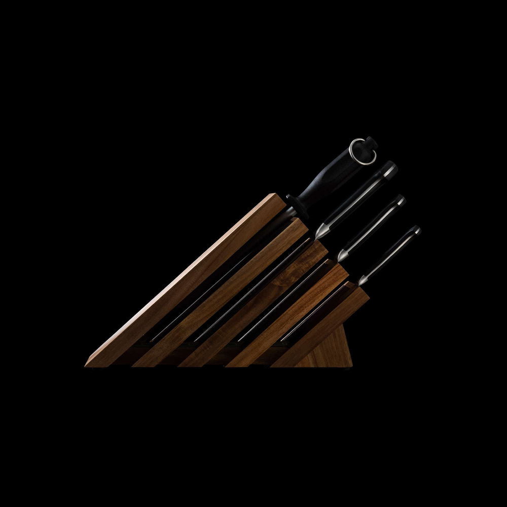 Messermeister Meridian Elite Next Level Block Set - 5 Piece set side view showing knives nestled in solid wood knife block 