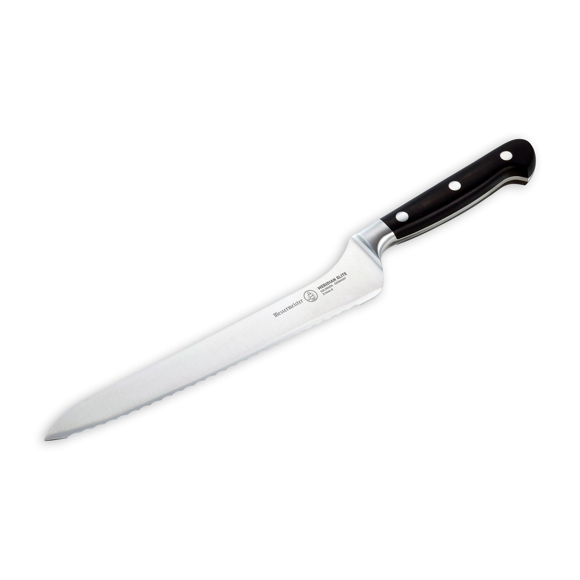 Angled view of the 8 inch Meridian Elite Offset Scalloped Bread Knife with a stainless steel blade and triple rivet black handle pointing to lower left