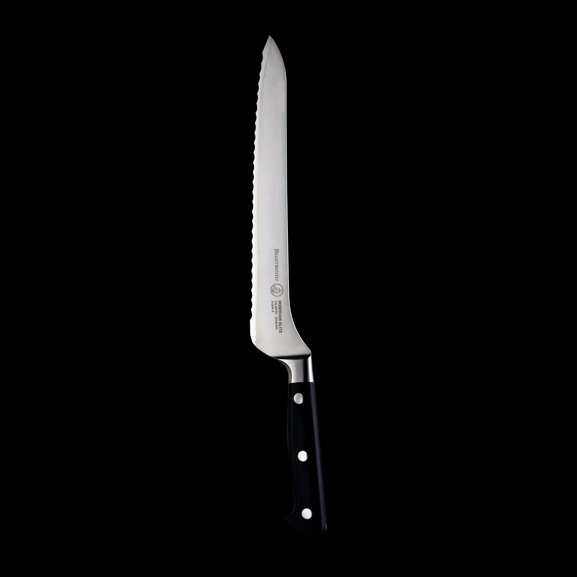 Vertical view of the 8 inch Meridian Elite Offset Scalloped Bread Knife with a stainless steel blade and triple rivet black handle.