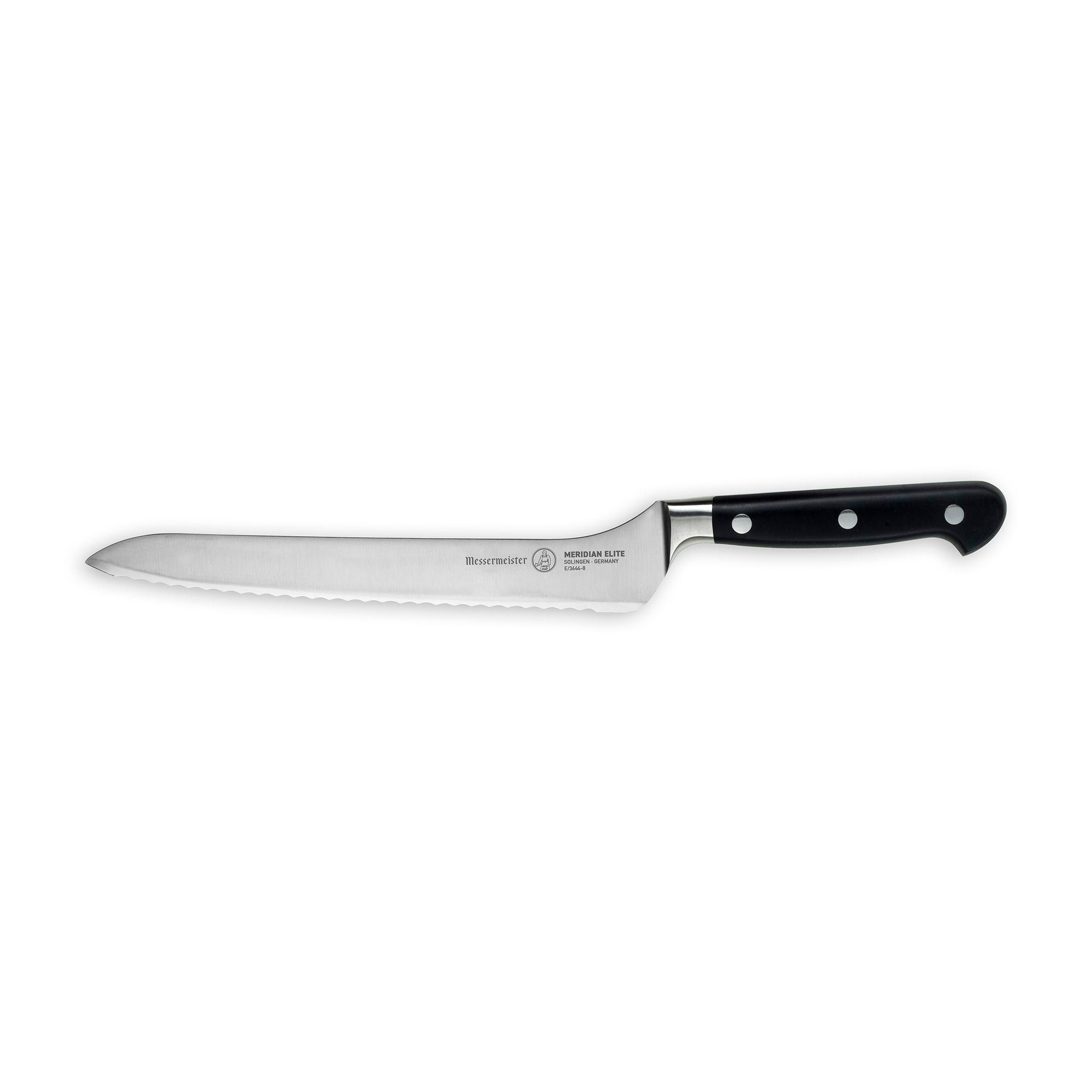 An 8 inch Meridian Elite Offset Scalloped Bread Knife with a stainless steel blade and triple rivet black handle.