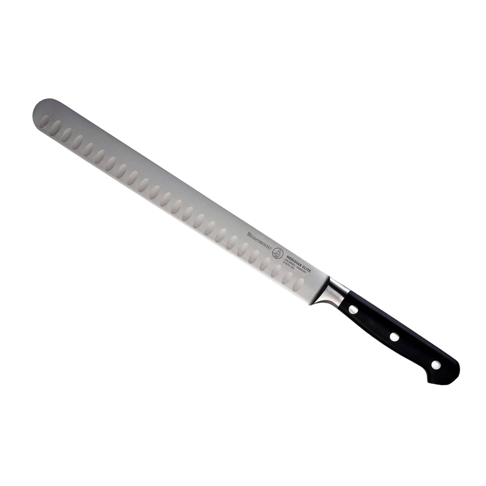 A 10-inch Messermeister Meridian Elite Round Tip Kullens Slicer with a silver blade and triple rivet black handle angled view towards upper left