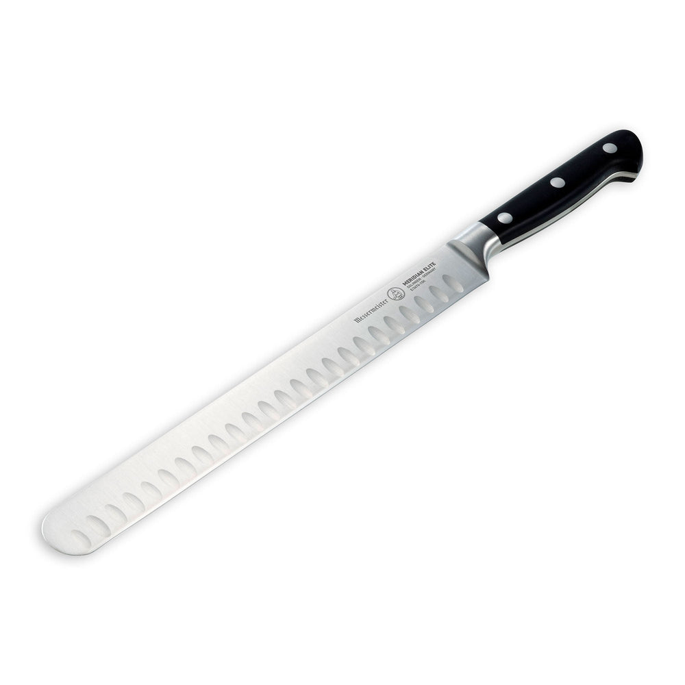 A 10-inch Messermeister Meridian Elite Round Tip Kullens Slicer with a silver blade and triple rivet black handle angled view towards bottom left