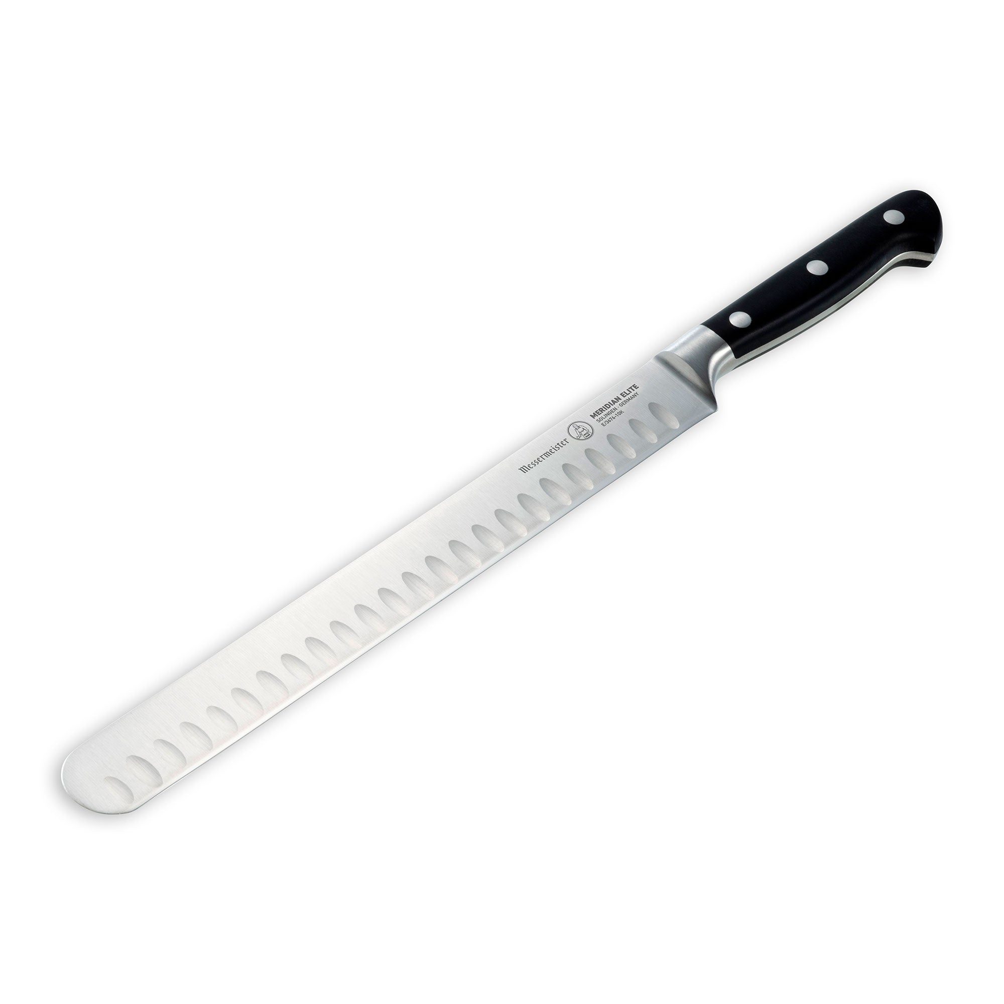 A 10-inch Messermeister Meridian Elite Round Tip Kullens Slicer with a silver blade and triple rivet black handle angled view towards bottom left