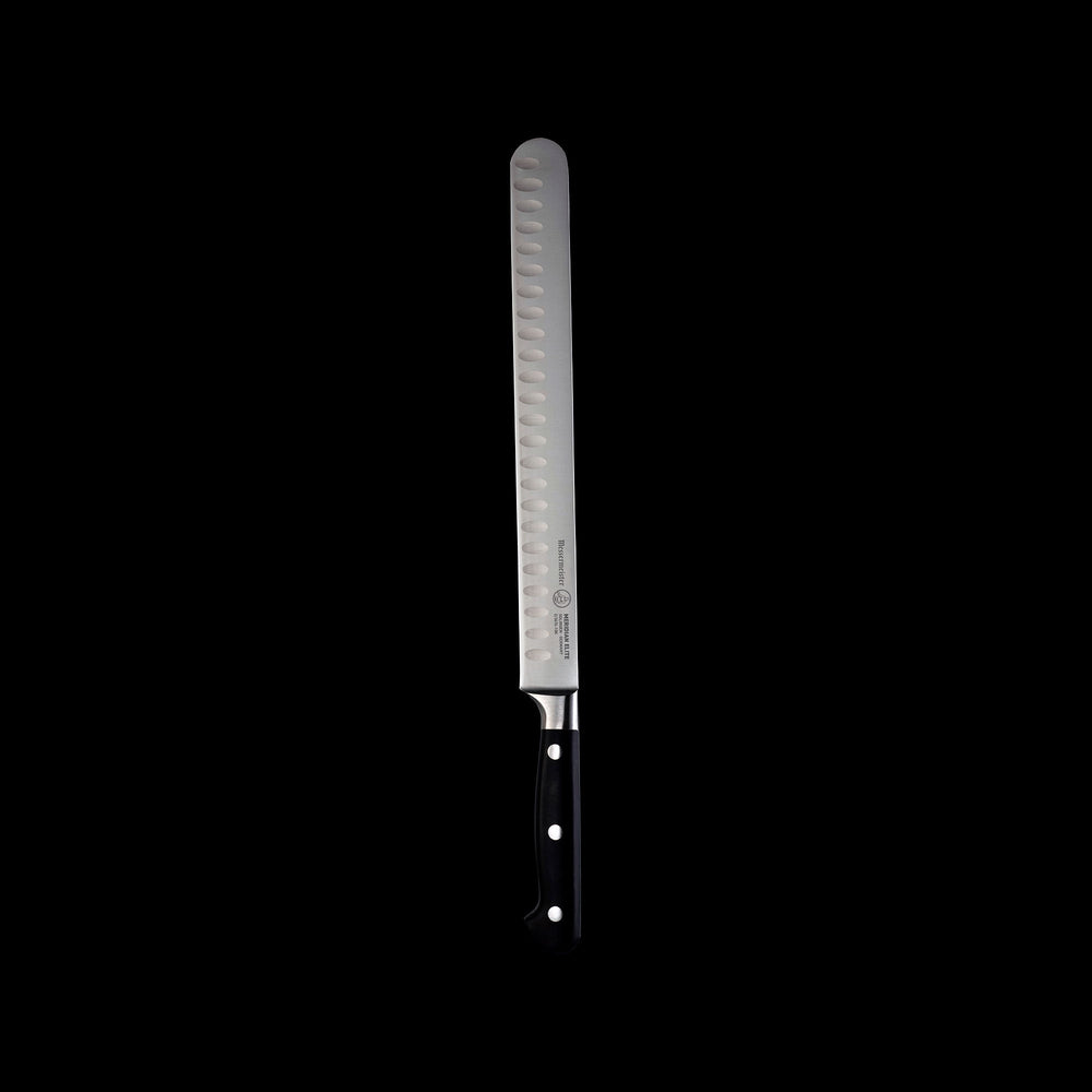 A 10-inch Messermeister Meridian Elite Round Tip Kullens Slicer with a silver blade and triple rivet black handle.