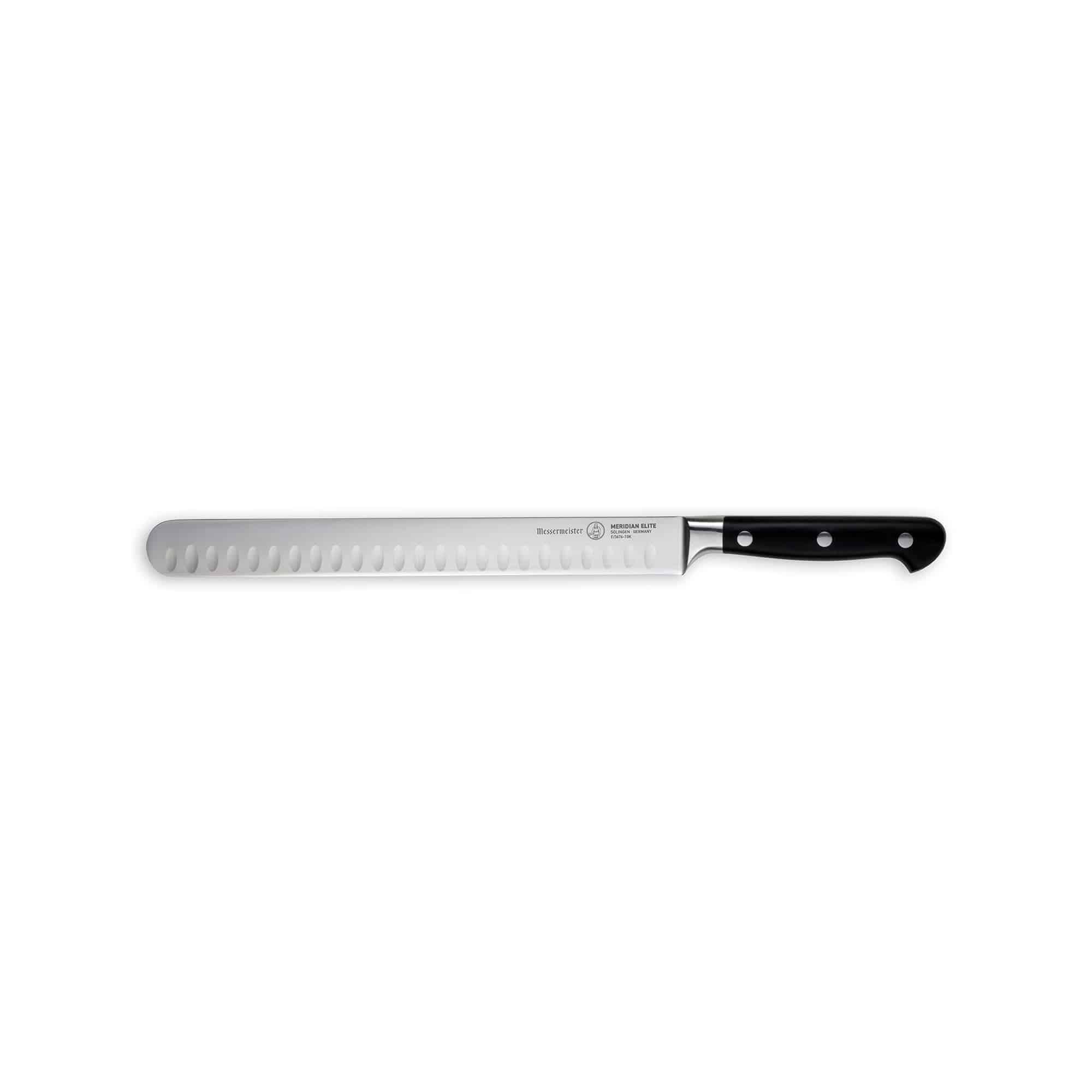 A 10-inch Messermeister Meridian Elite Round Tip Kullens Slicer with a silver blade and triple rivet black handle side view pointing left