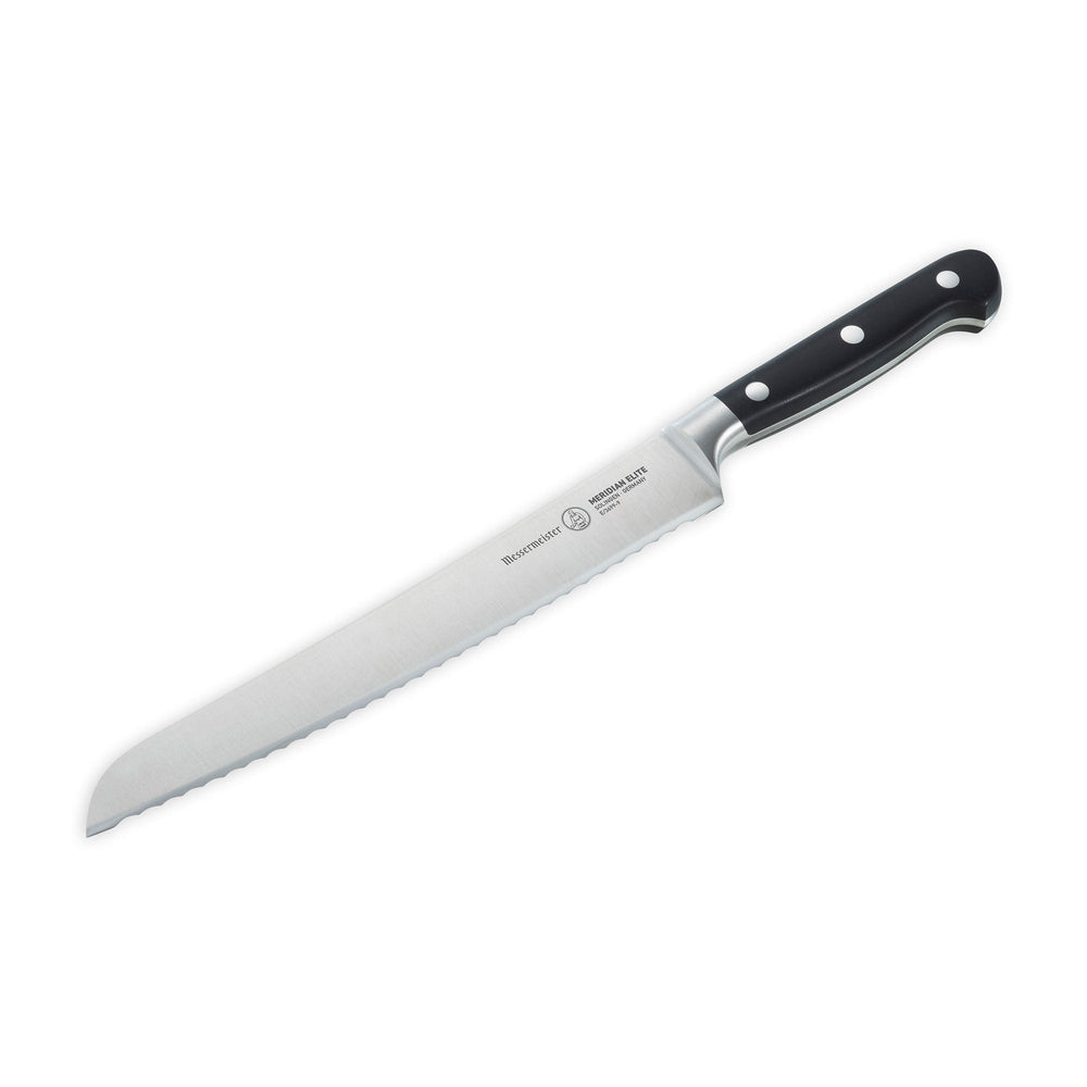 The Meridian Elite 9 inch serrated bread knife with silver stainless steel blade and triple rivet black handle angled view pointing to lower left
