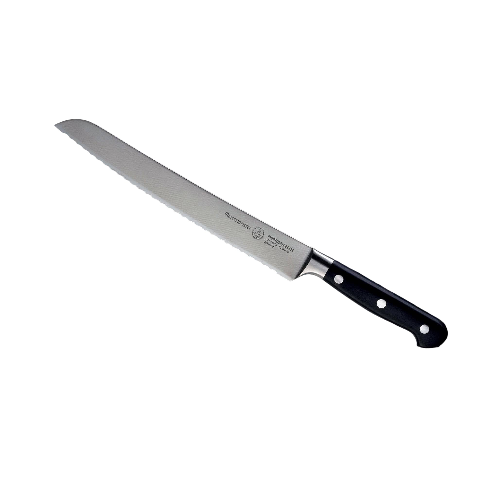 The Meridian Elite 9 inch serrated bread knife with silver stainless steel blade and triple rivet black handle angled view pointing to upper left