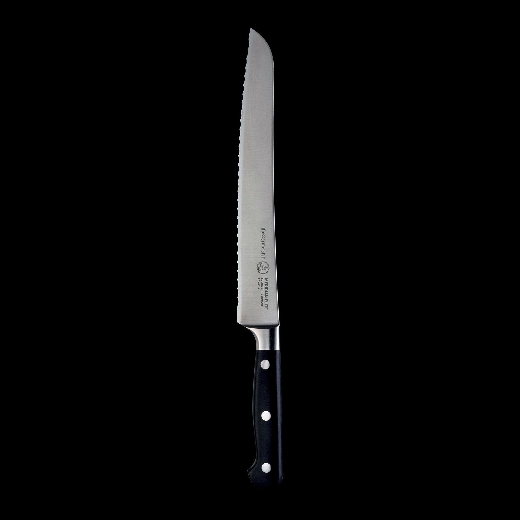 The Meridian Elite 9 inch serrated bread knife with silver stainless steel blade and triple rivet black handle
