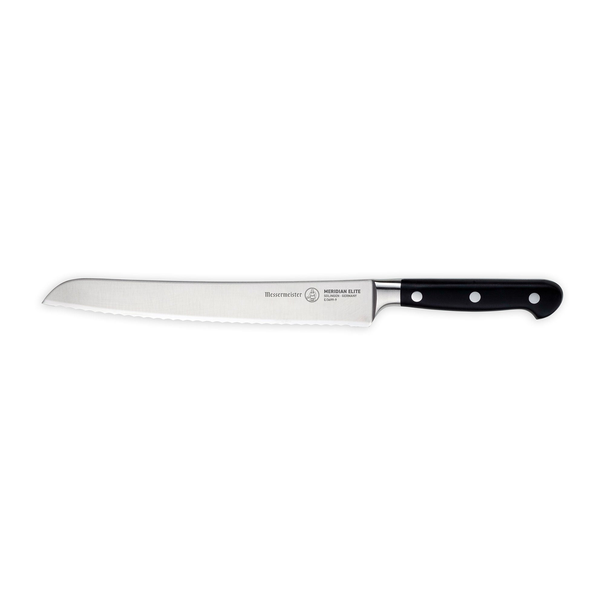 The Meridian Elite 9 inch serrated bread knife with silver stainless steel blade and triple rivet black handle side view pointing left