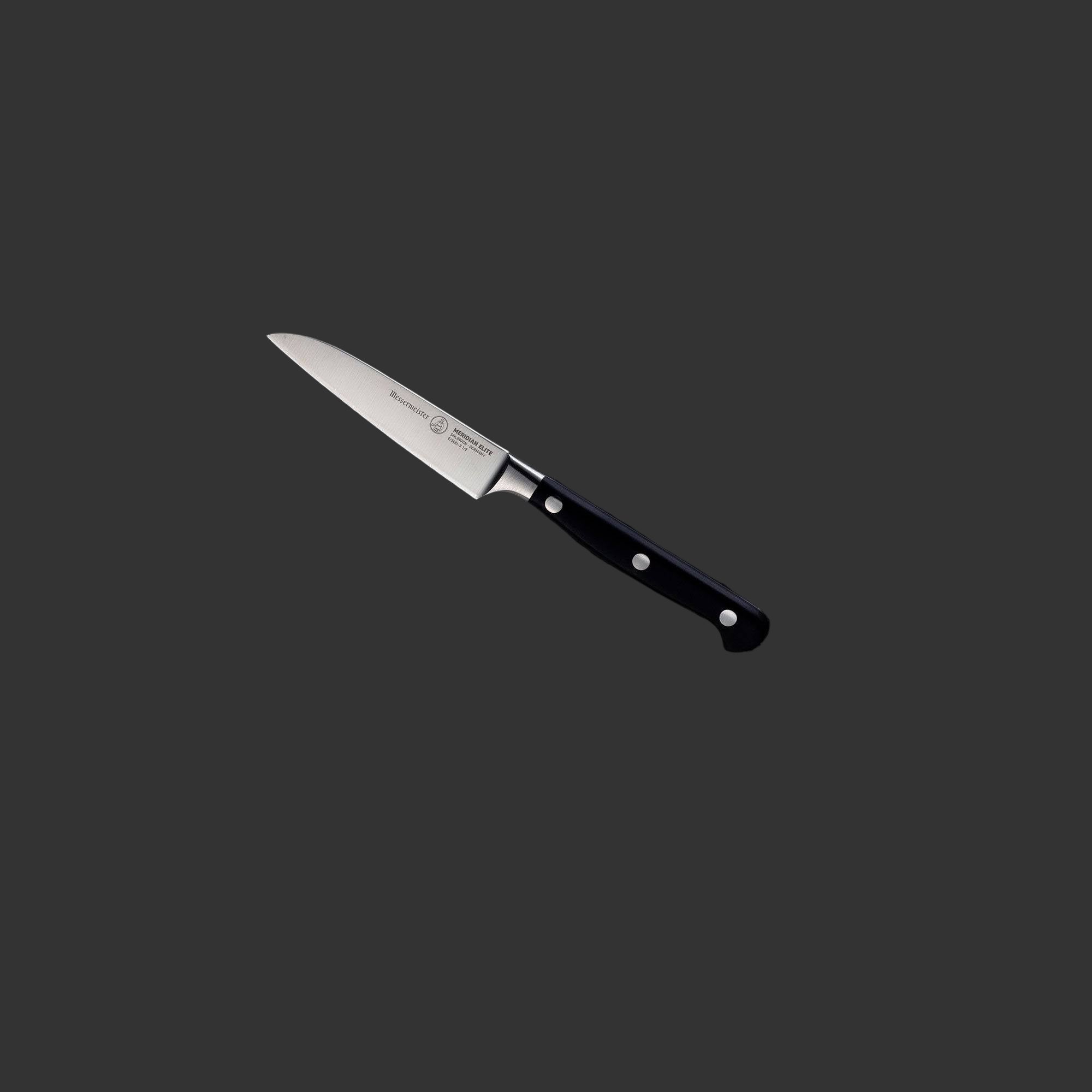 The Meridian Elite 3.5 inch Sheep's Foot Paring Knife with a stainless steel blade and triple rivet black handle angled view pointing to upper left