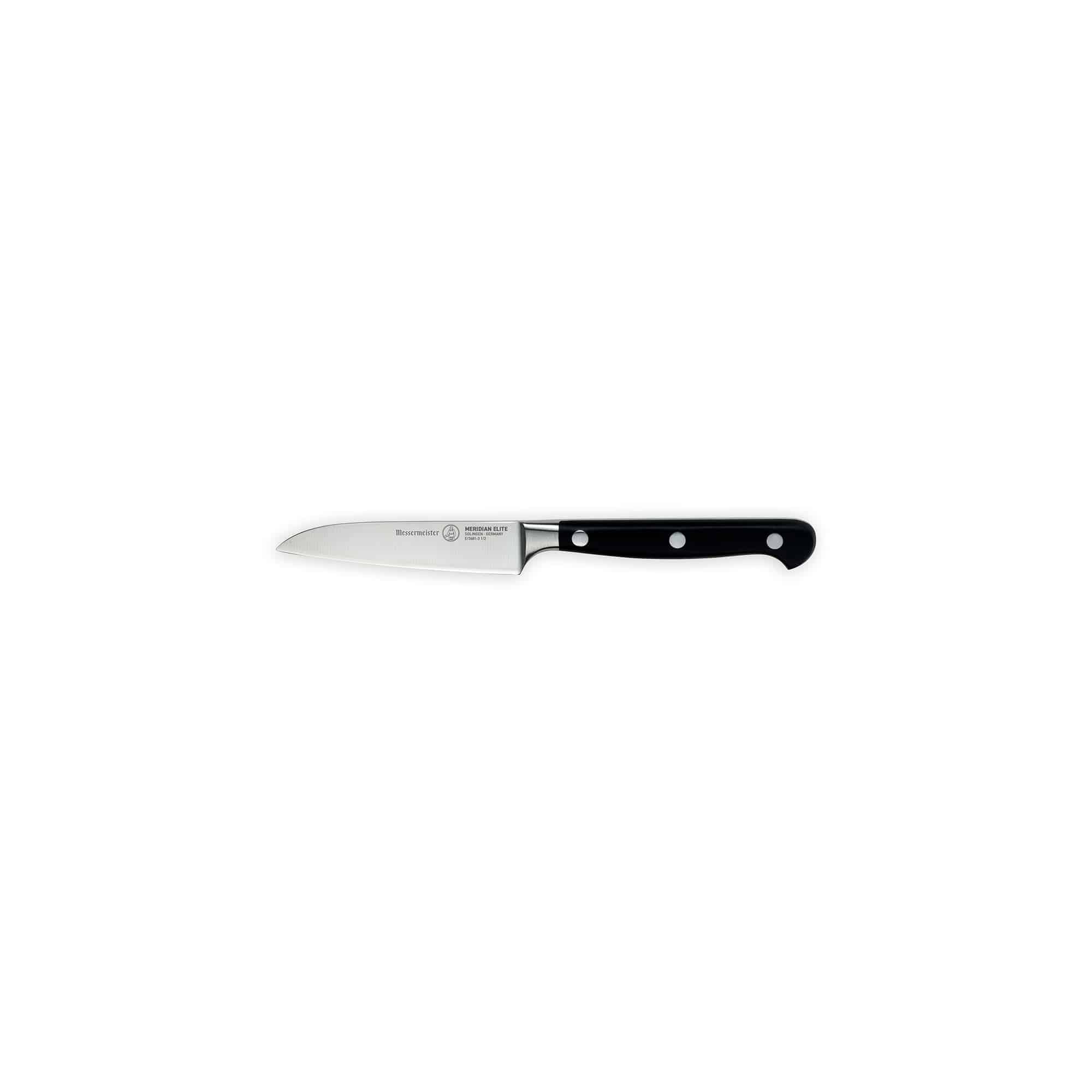 The Meridian Elite 3.5 inch Sheep's Foot Paring Knife with a stainless steel blade and triple rivet black handle side view pointing left