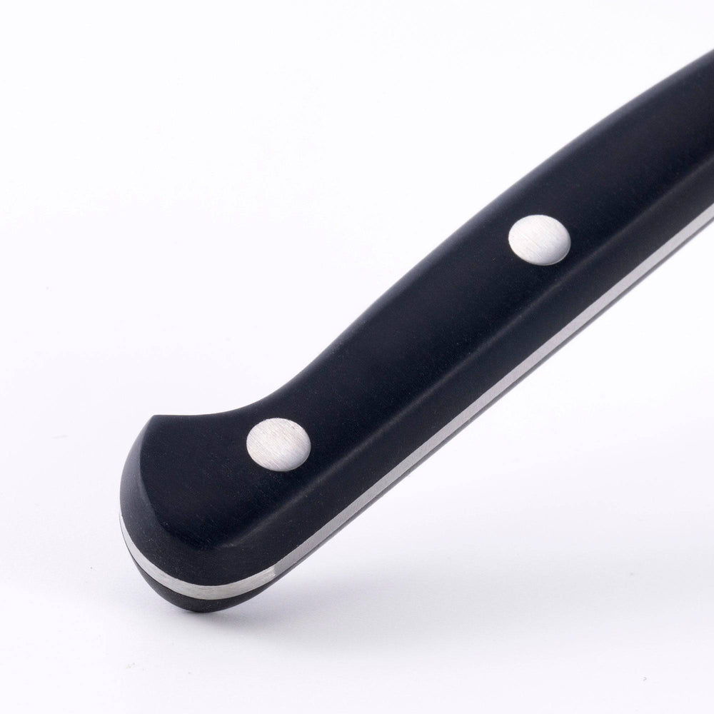 The Meridian Elite 3.5 inch Sheep's Foot Paring Knife close up of the triple rivet black handle