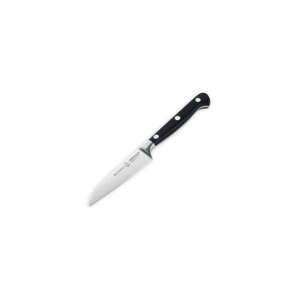 The Meridian Elite 3.5 inch Sheep's Foot Paring Knife with a stainless steel blade and triple rivet black handle angled view pointing to bottom left