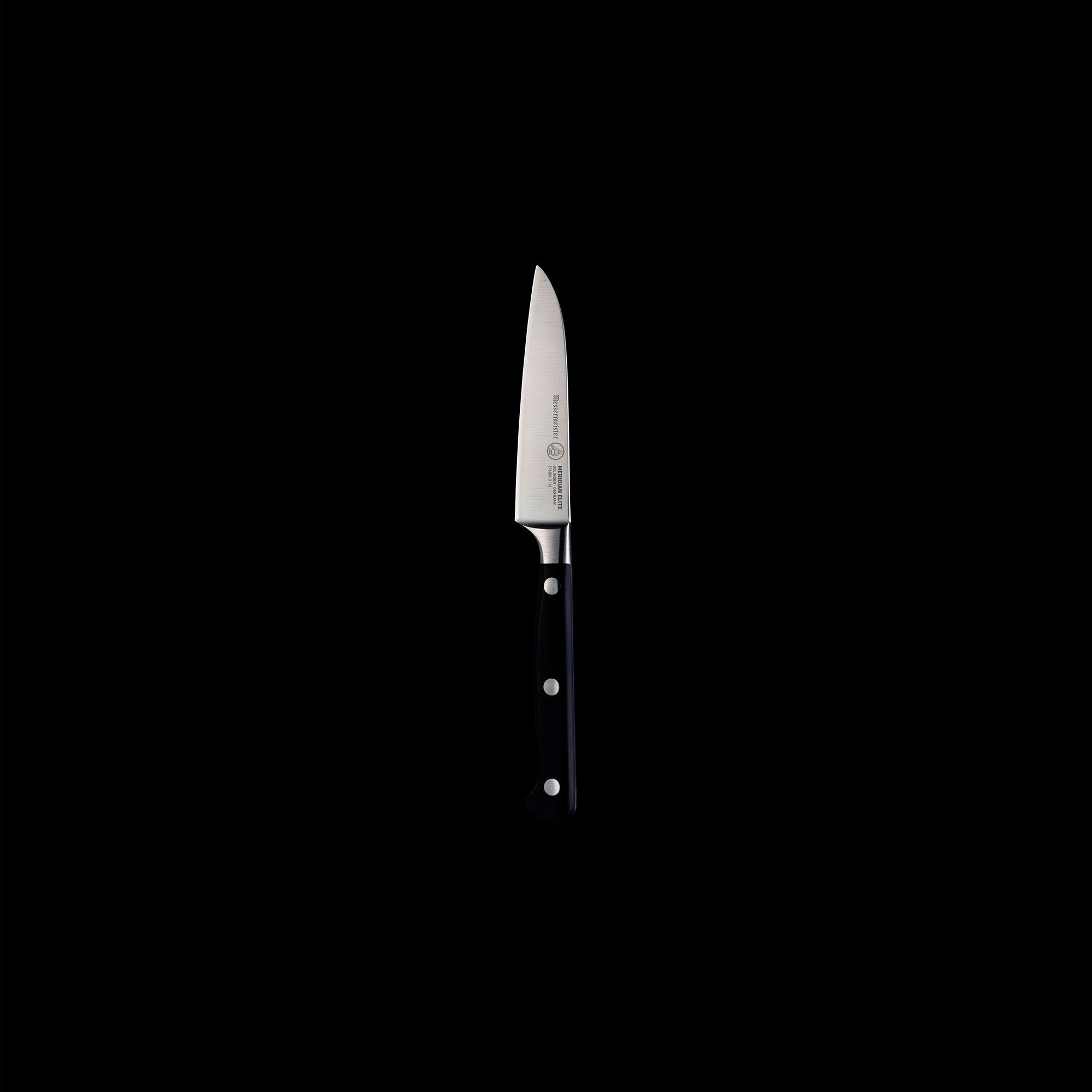 The Meridian Elite 3.5 inch Sheep's Foot Paring Knife with a stainless steel blade and triple rivet black handle full view pointing up
