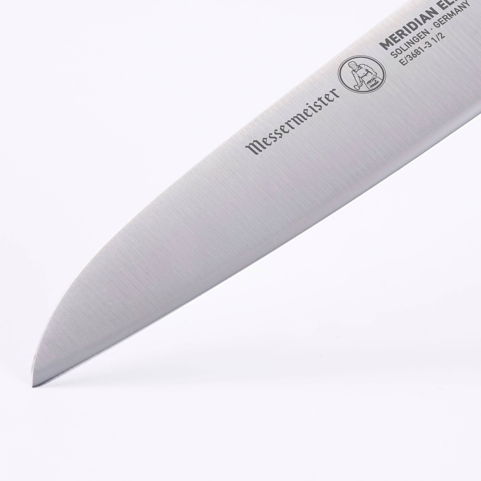 The Meridian Elite 3.5 inch Sheep's Foot Paring Knife close up of the tip and logo 
